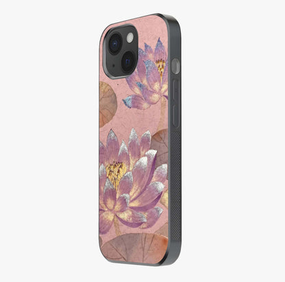 Blossom Mist Lotus Glass Case photographed in natural light showing reflective finish and design depth.