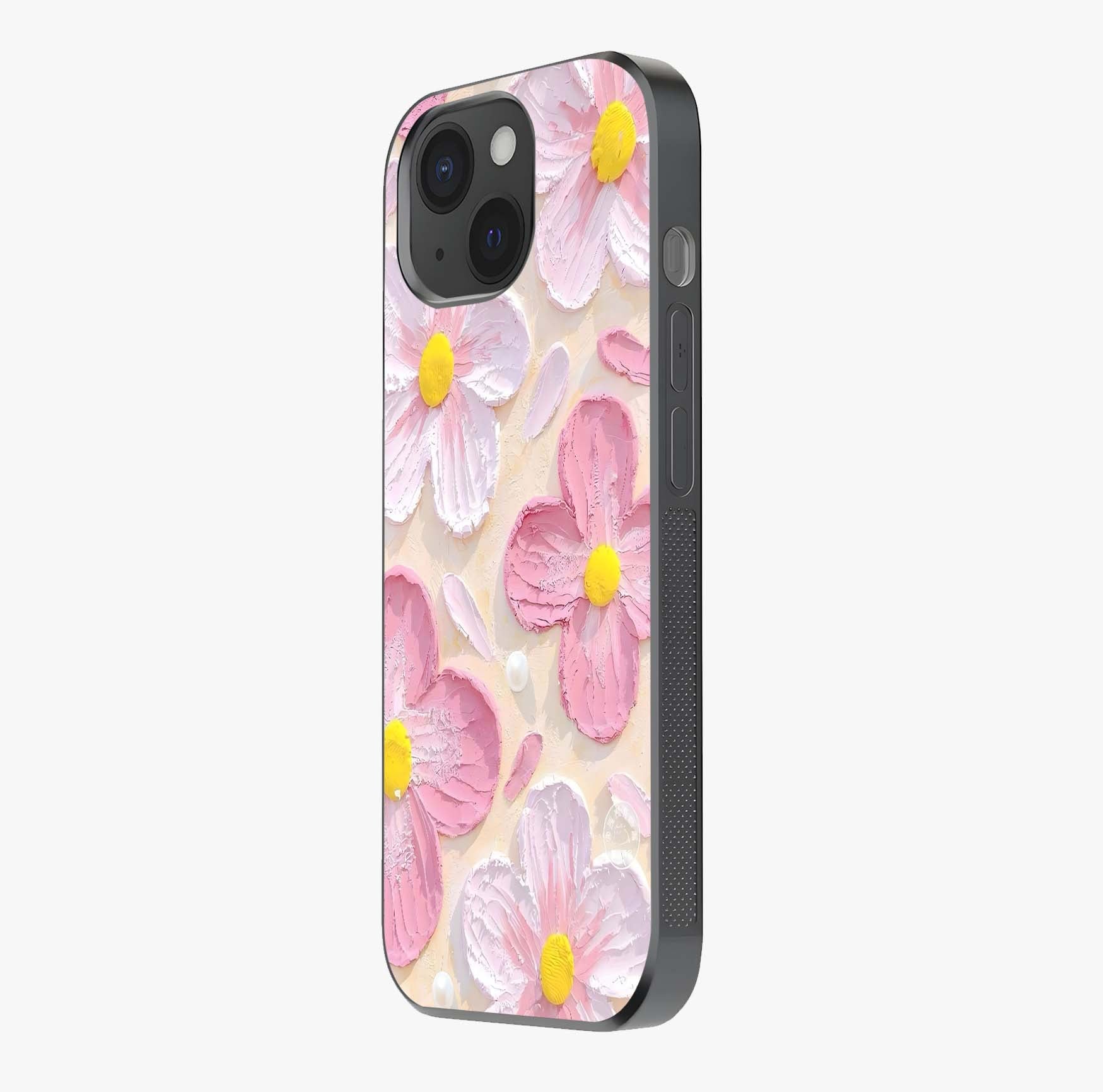 Blush Bloom Texture Glass Case photographed in natural light showing reflective finish and design depth.