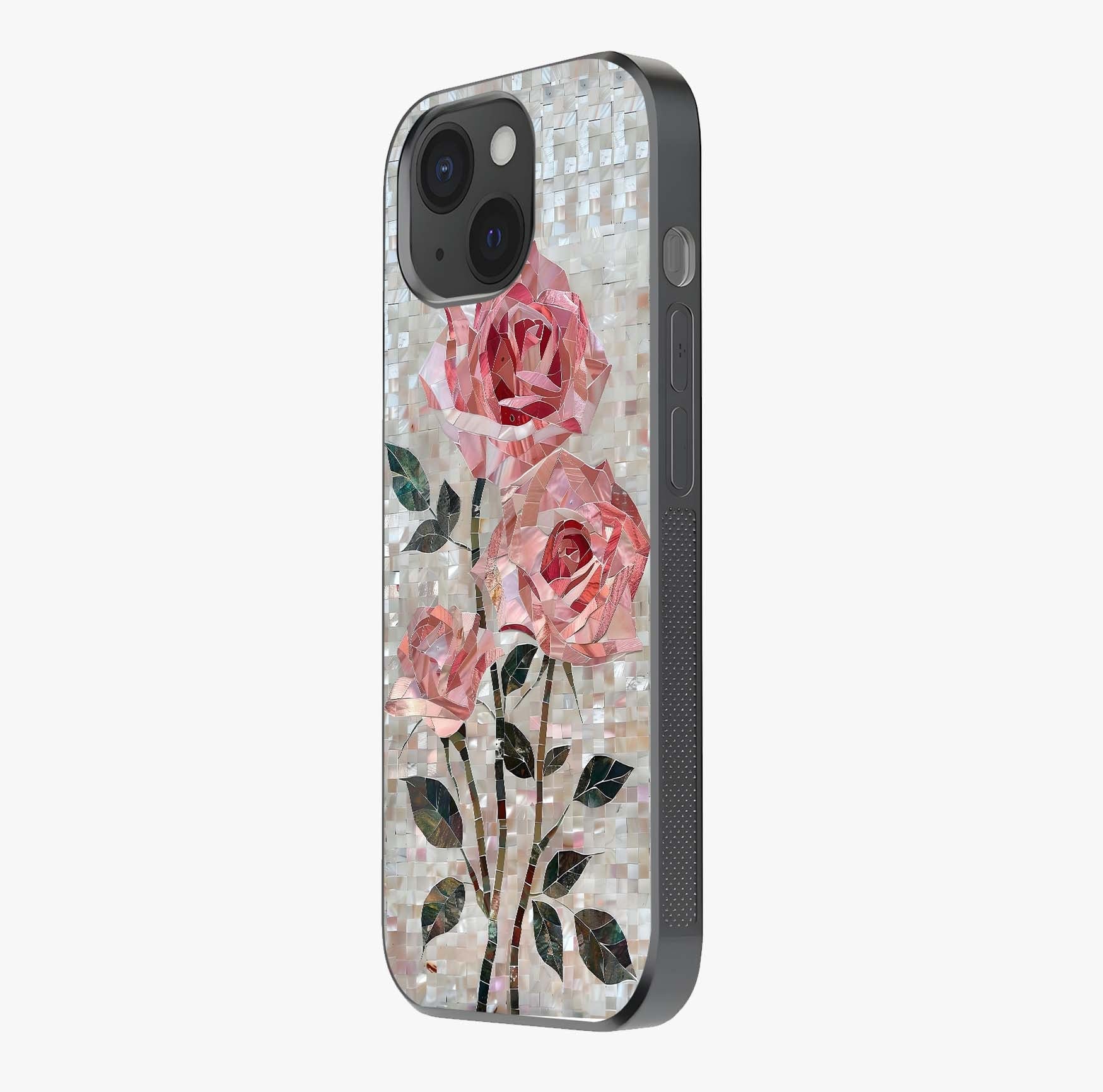Blush Mosaic Bloom Glass Case photographed in natural light showing reflective finish and design depth.