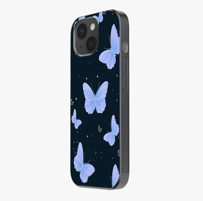 Butterfly With Stars Pattern Glass Case photographed in natural light showing reflective finish and design depth.