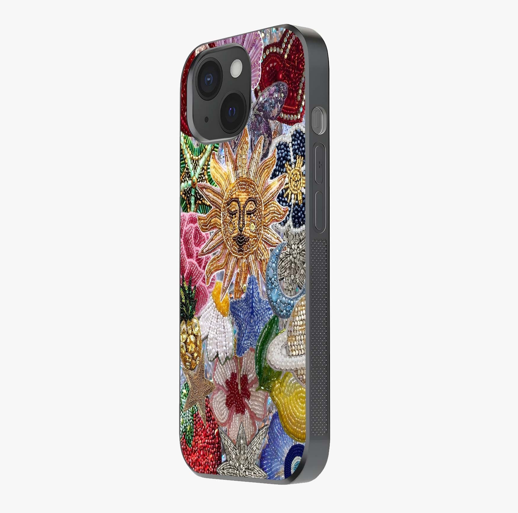 Celestial Floral And Playful Glass Case photographed in natural light showing reflective finish and design depth.