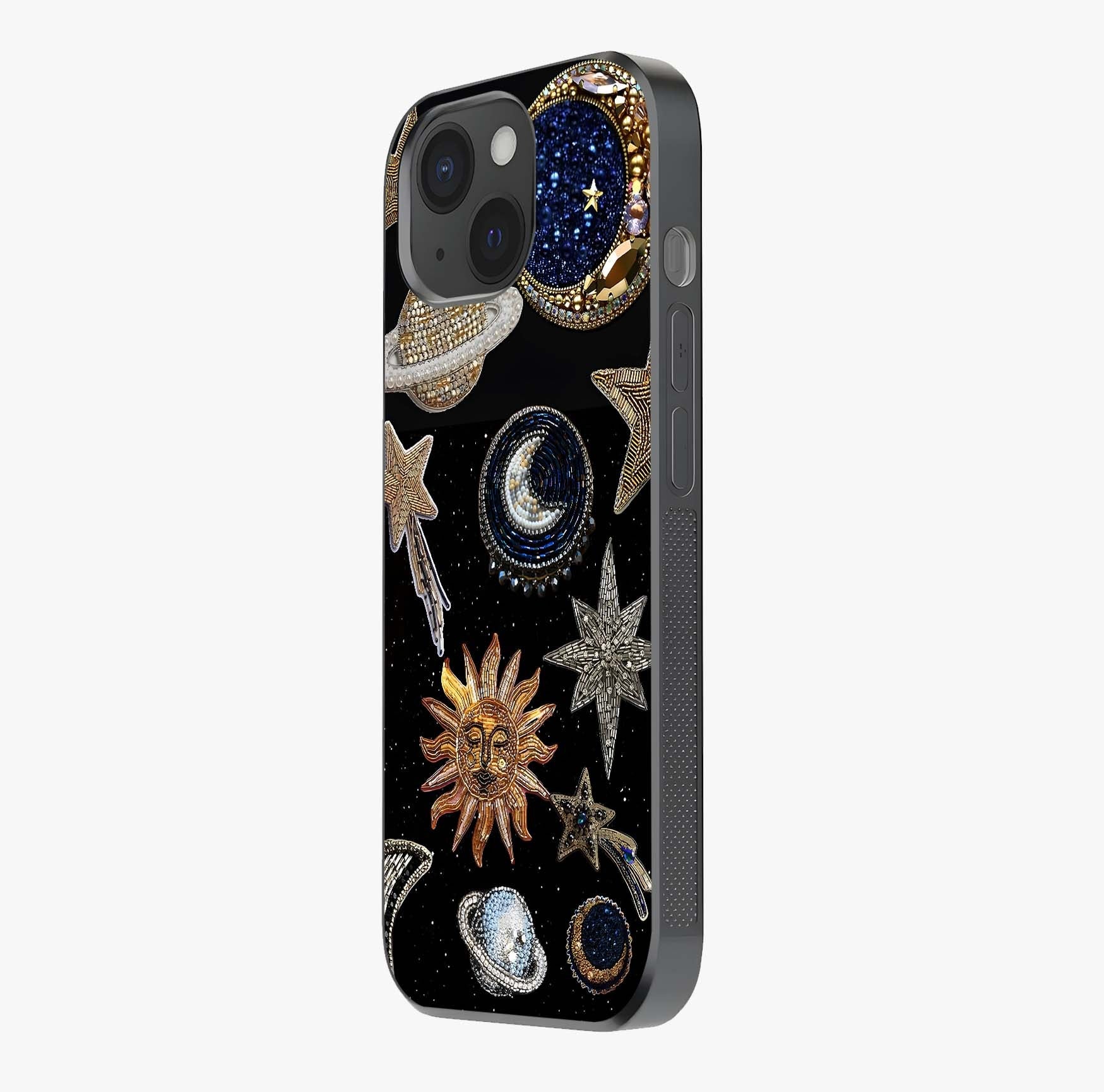 Celestial Gem Constellations Glass Case photographed in natural light showing reflective finish and design depth.