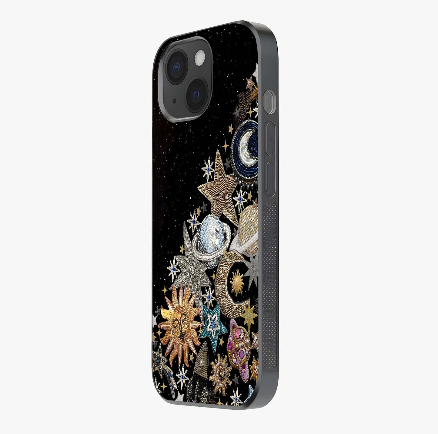 Cosmic Sparkle Dreams Glass Case photographed in natural light showing reflective finish and design depth.