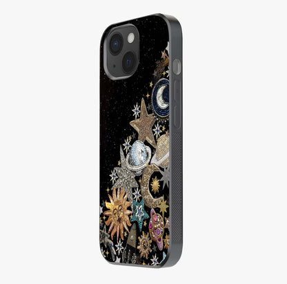 Cosmic Sparkle Dreams Glass Case photographed in natural light showing reflective finish and design depth.