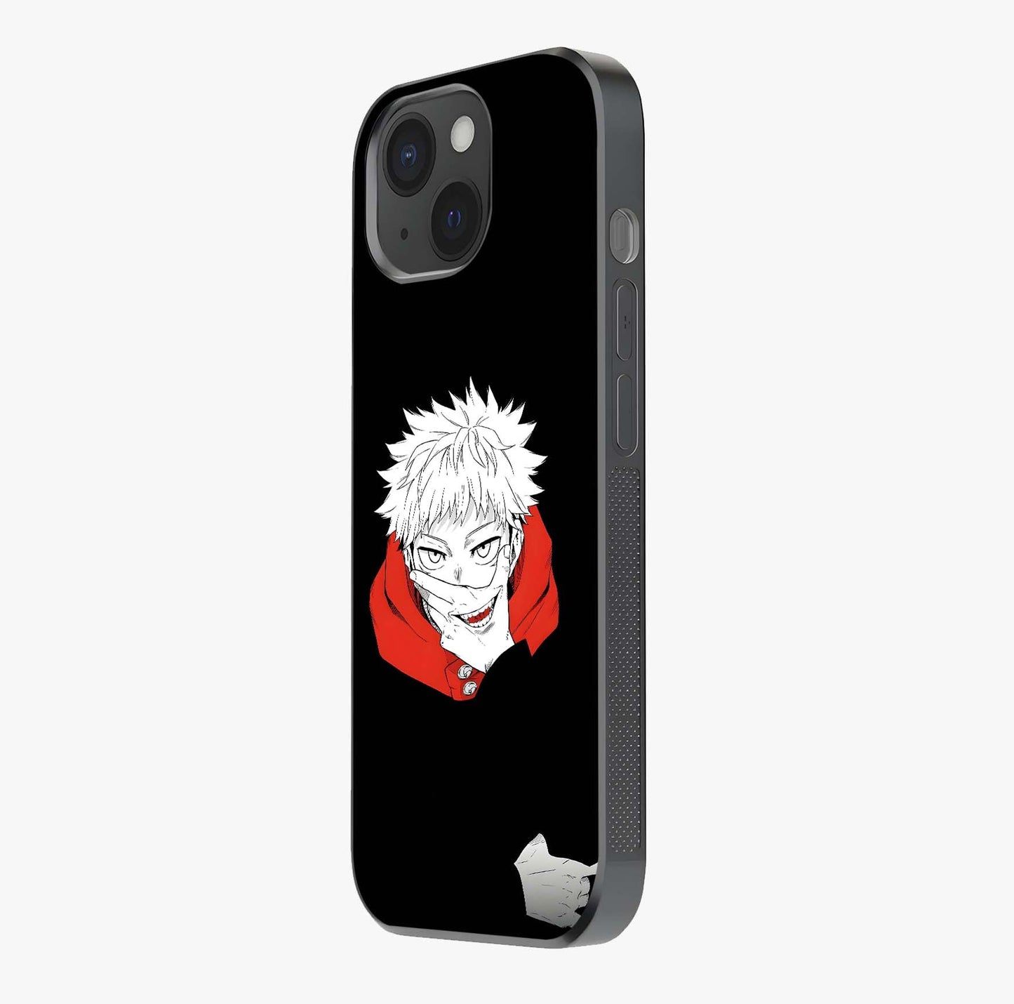 Crimson Chaos Smile Glass Case photographed in natural light showing reflective finish and design depth.