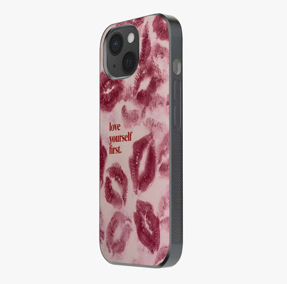 Crimson Kiss Love Glass Case photographed in natural light showing reflective finish and design depth.