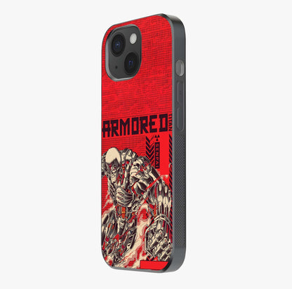 Crimson Mecha Titan Glass Case photographed in natural light showing reflective finish and design depth.
