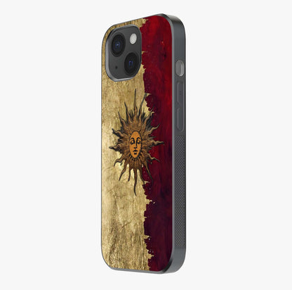 Crimson Sun Majesty Glass Case photographed in natural light showing reflective finish and design depth.