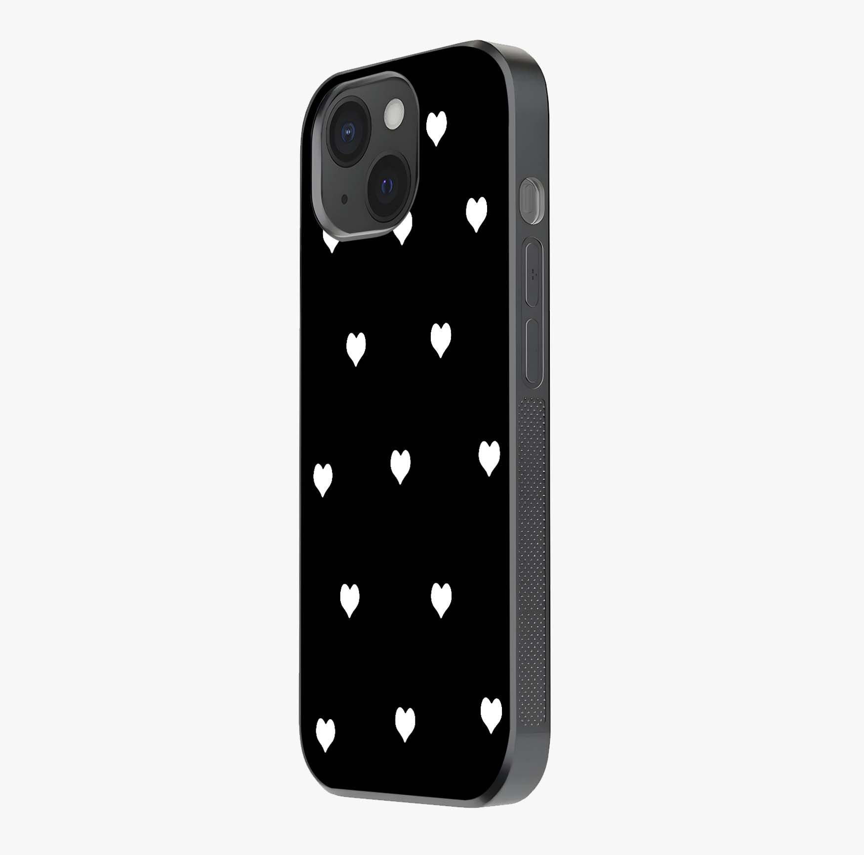 Cute And Simple White Hearts Glass Case photographed in natural light showing reflective finish and design depth.