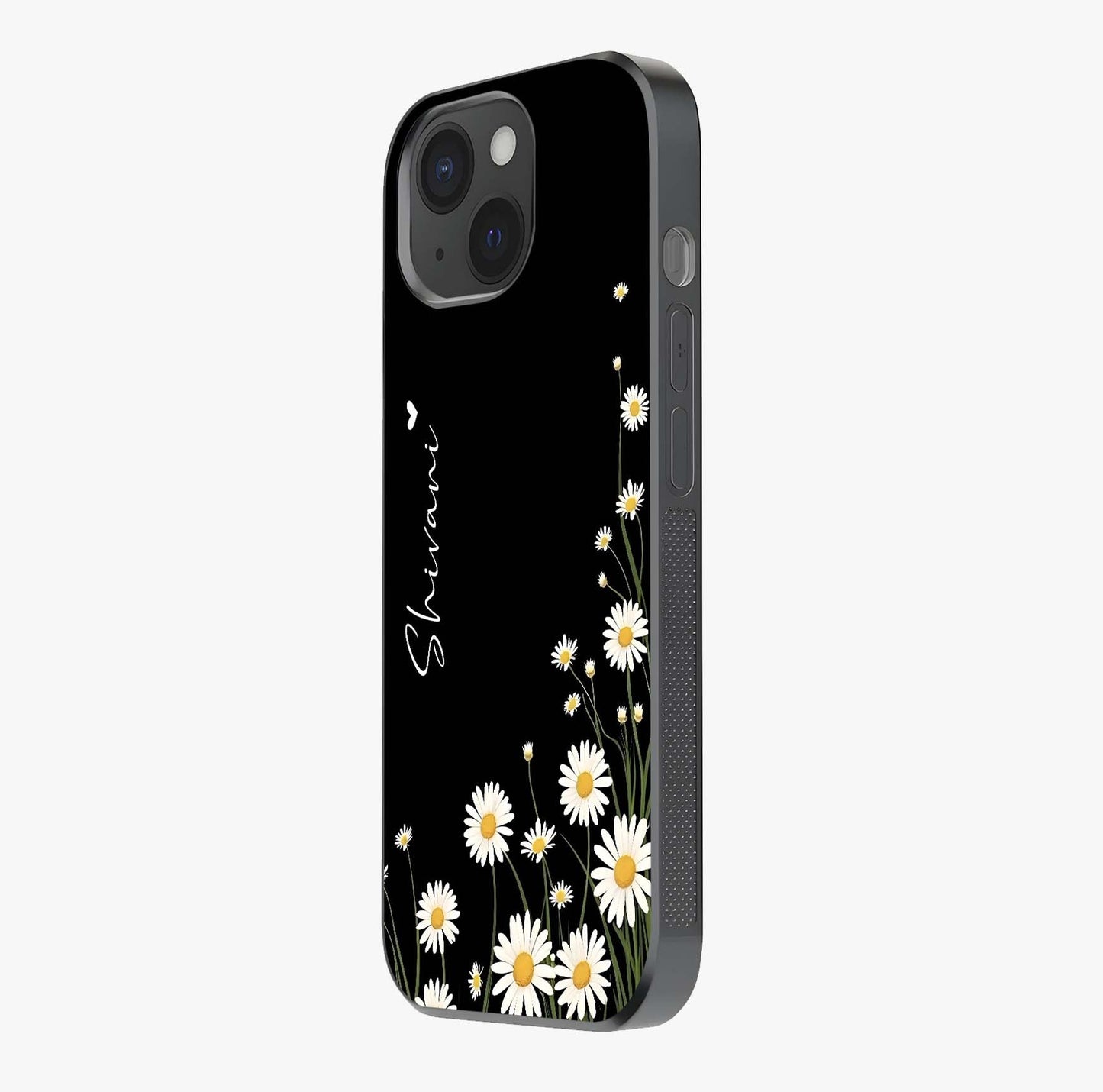 Daisy Cascade Custom Name Glass Case photographed in natural light showing reflective finish and design depth.