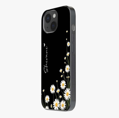 Daisy Cascade Custom Name Glass Case photographed in natural light showing reflective finish and design depth.