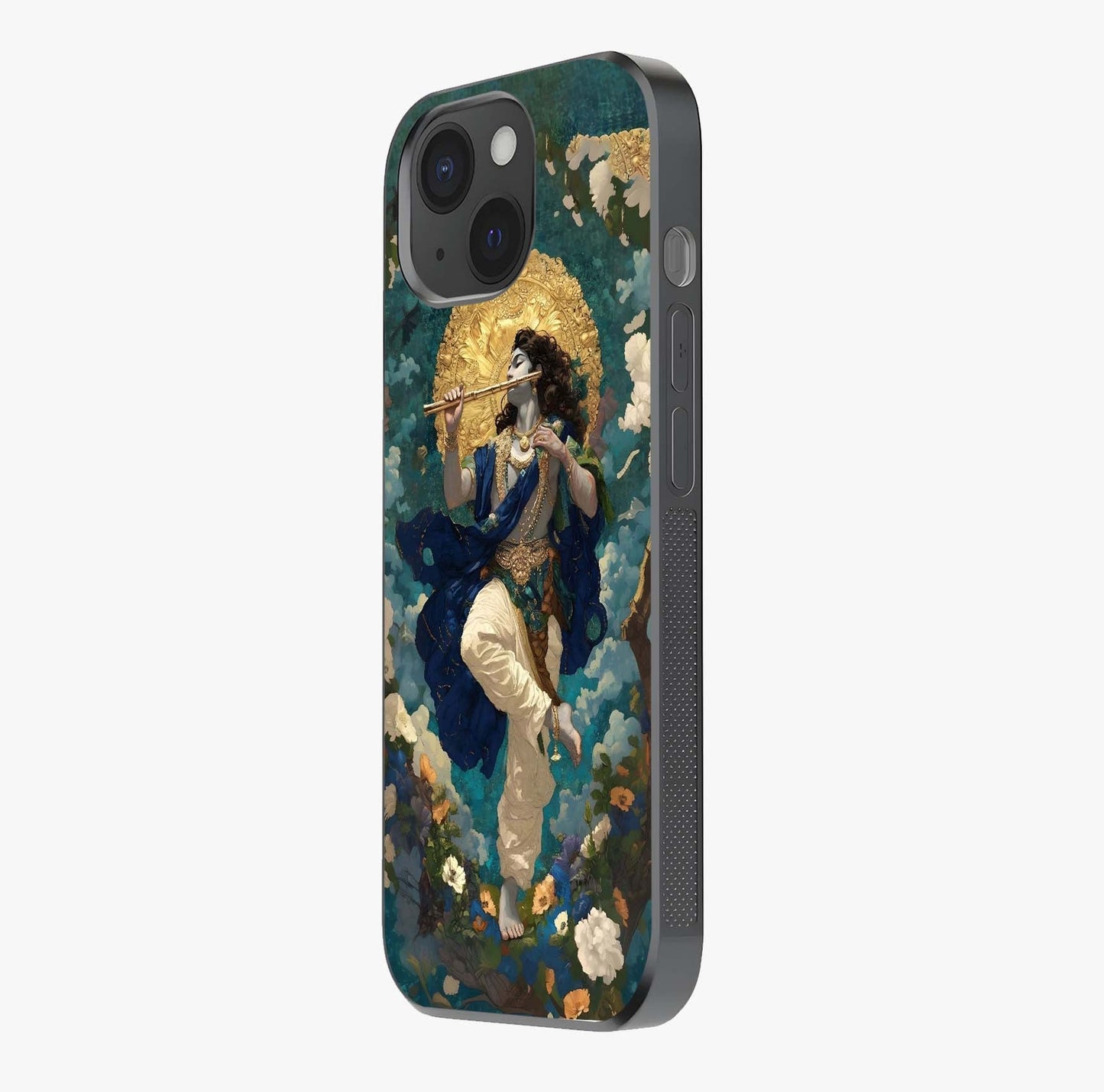 Divine Krishna Art Glass Case photographed in natural light showing reflective finish and design depth.