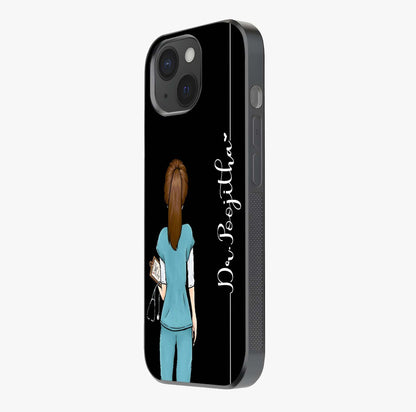 Doctor Pattern Custom Name Glass Case photographed in natural light showing reflective finish and design depth.