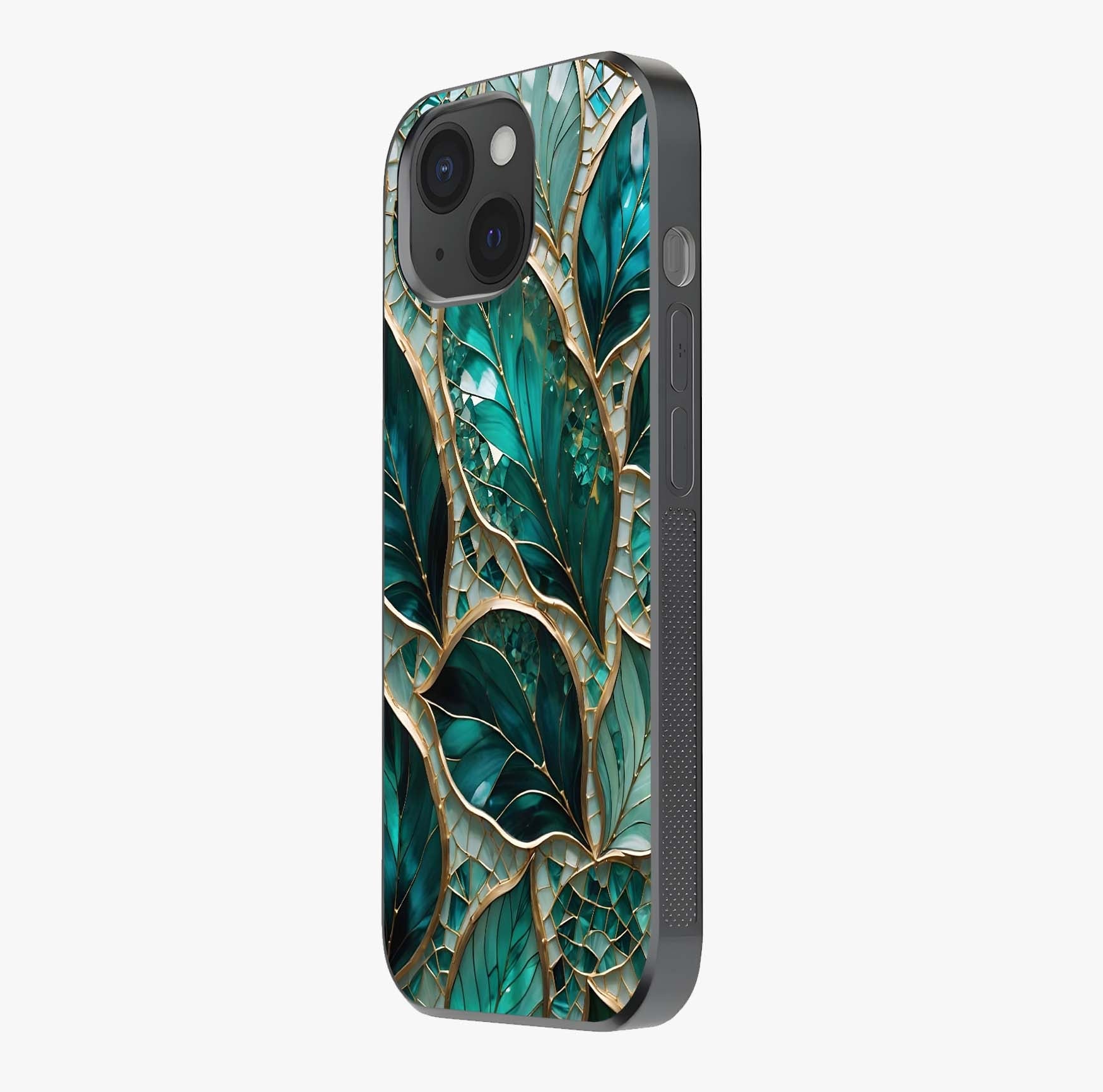 Emerald Leaf Glass Glass Case photographed in natural light showing reflective finish and design depth.