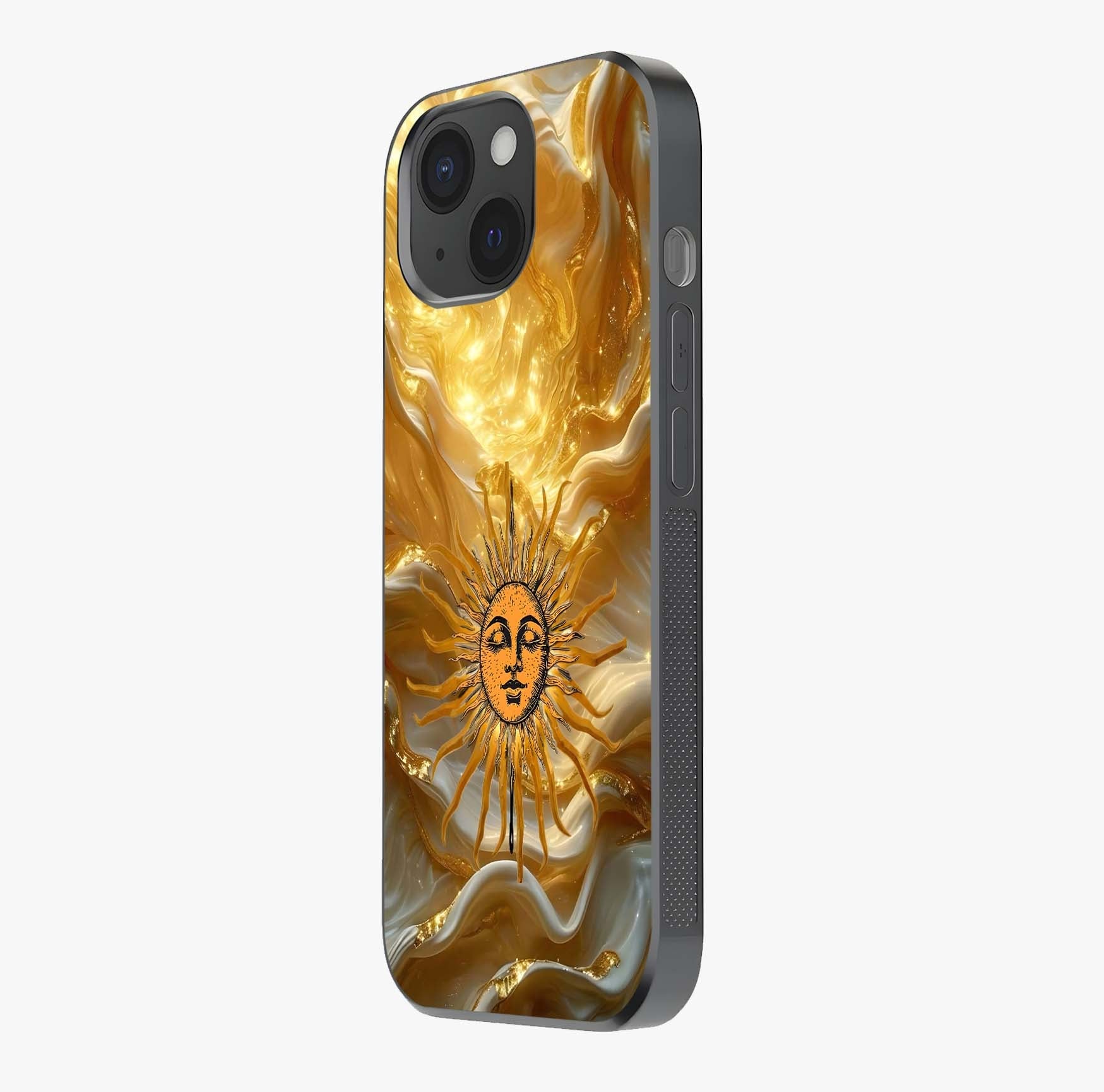 Eternal Golden Glow Glass Case photographed in natural light showing reflective finish and design depth.