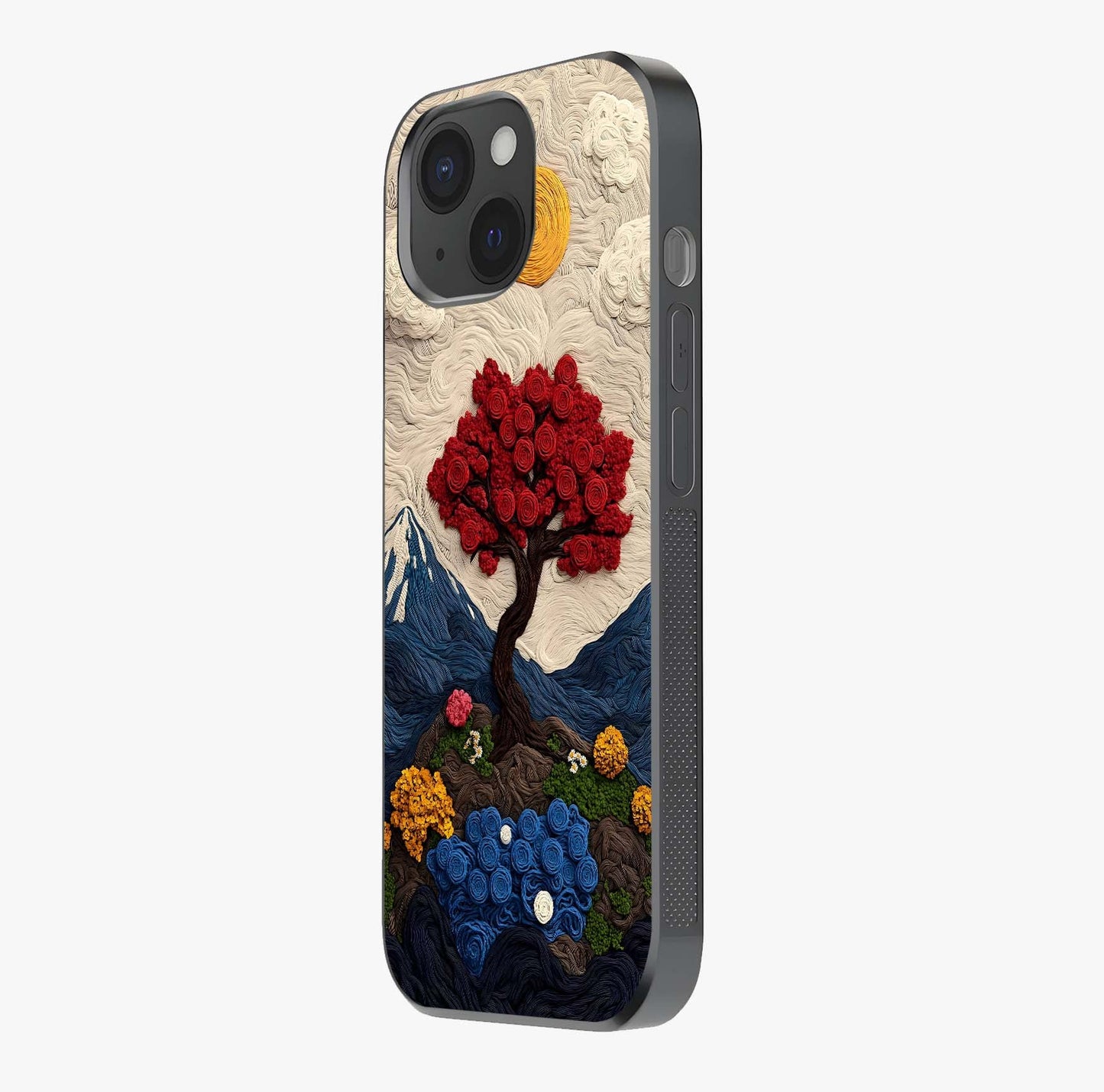 Eternal Nature Tapestry Glass Case photographed in natural light showing reflective finish and design depth.
