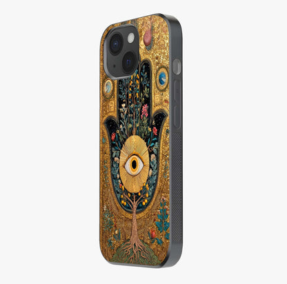 Ethereal Evil Eye Glass Case photographed in natural light showing reflective finish and design depth.