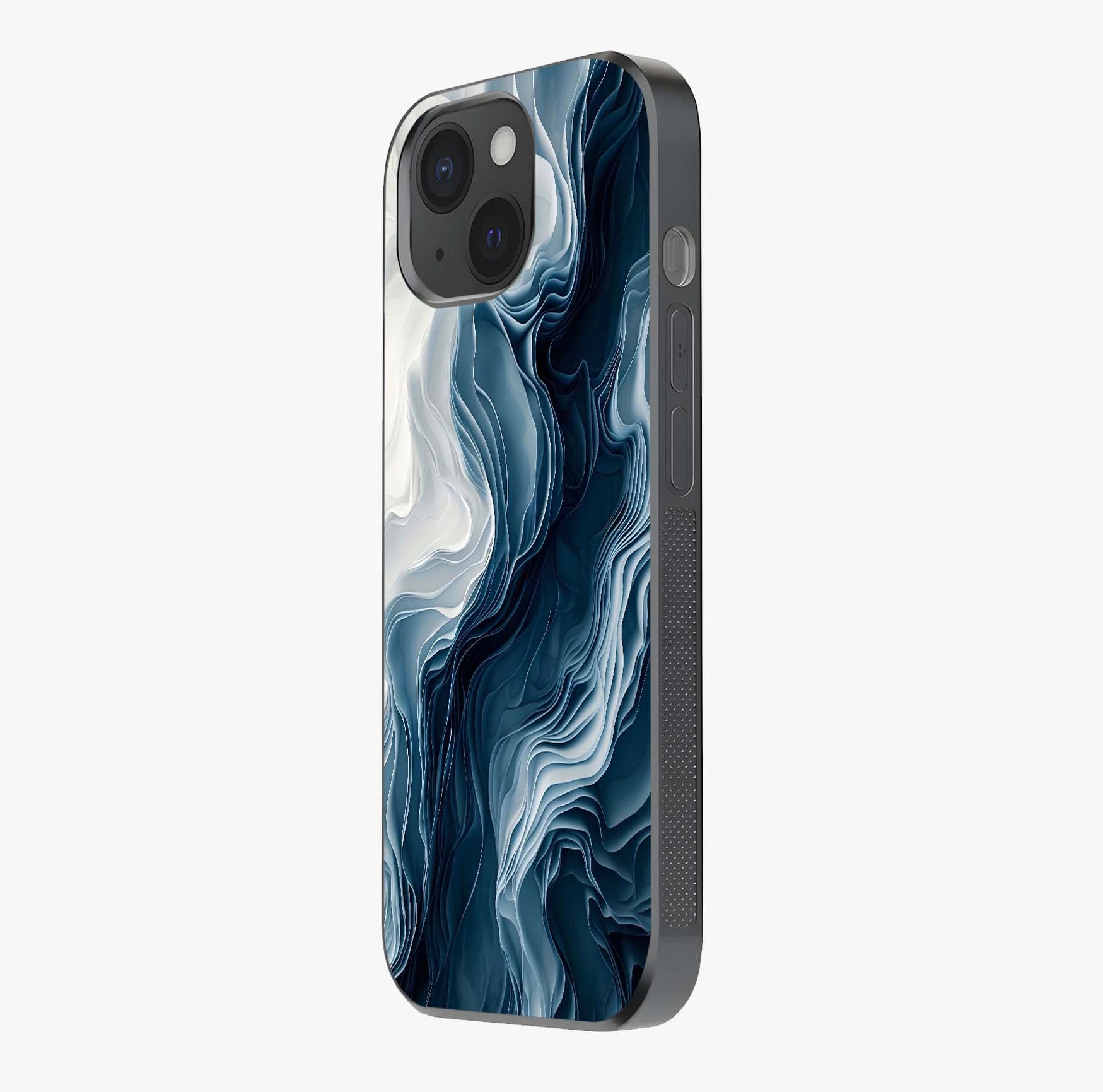 Ethereal Paper Marble Glass Case photographed in natural light showing reflective finish and design depth.