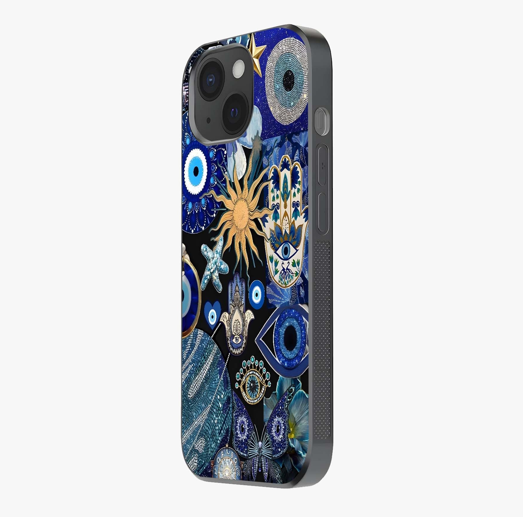 Evil Eye Charm Mix Glass Case photographed in natural light showing reflective finish and design depth.