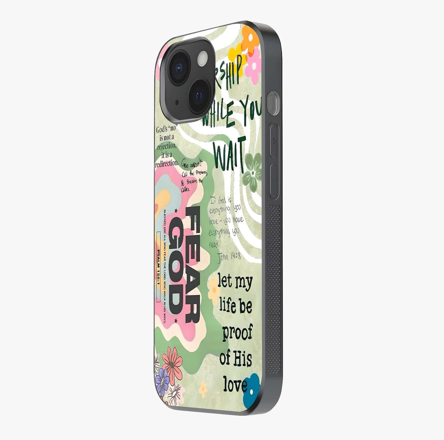 Faith Over Fear Glass Case photographed in natural light showing reflective finish and design depth.