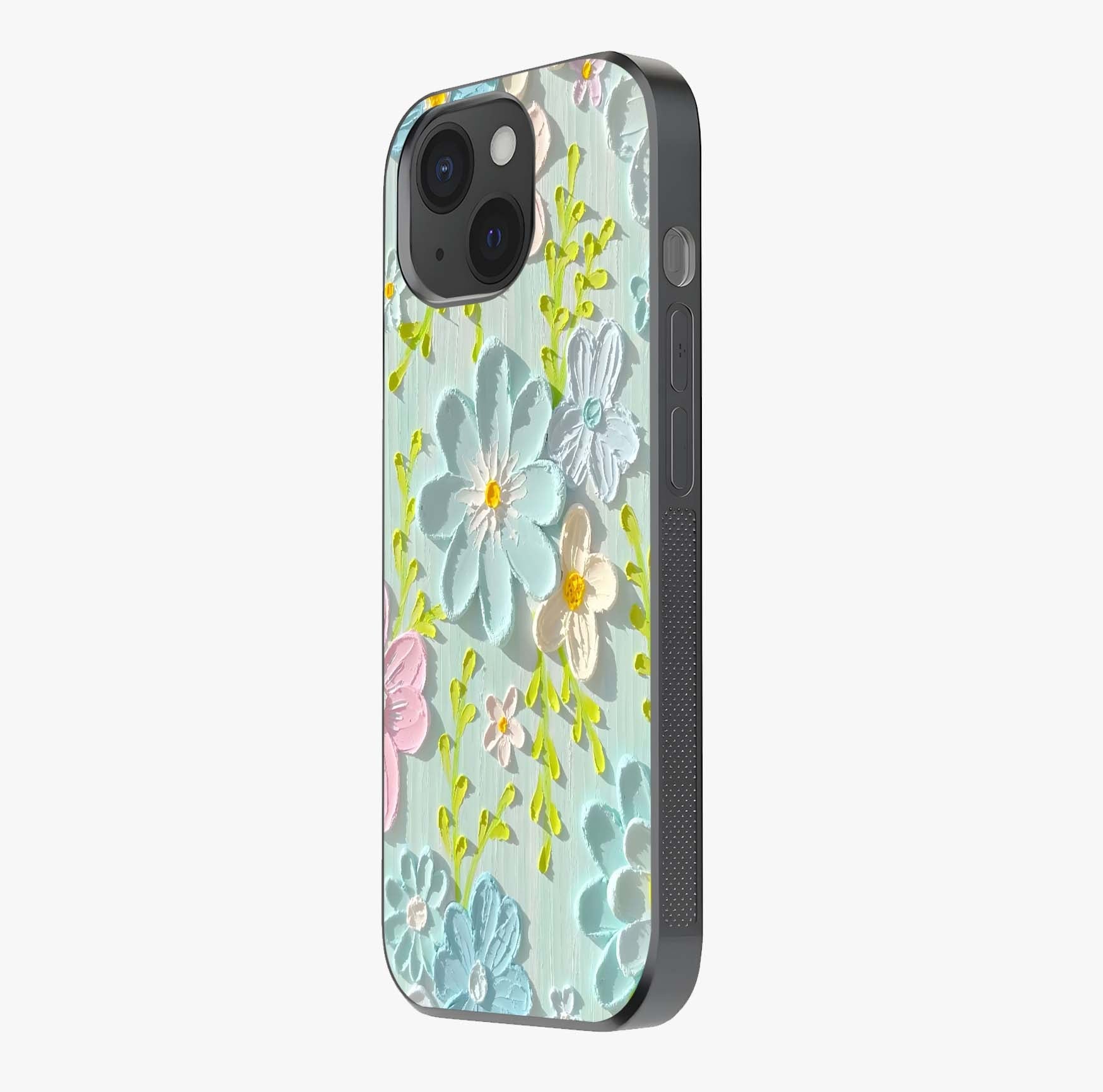 Frosted Petal Garden Glass Case photographed in natural light showing reflective finish and design depth.