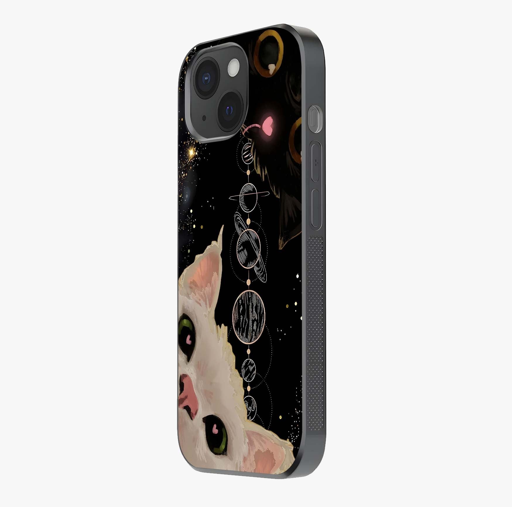 Galactic Cat Glass Case photographed in natural light showing reflective finish and design depth.