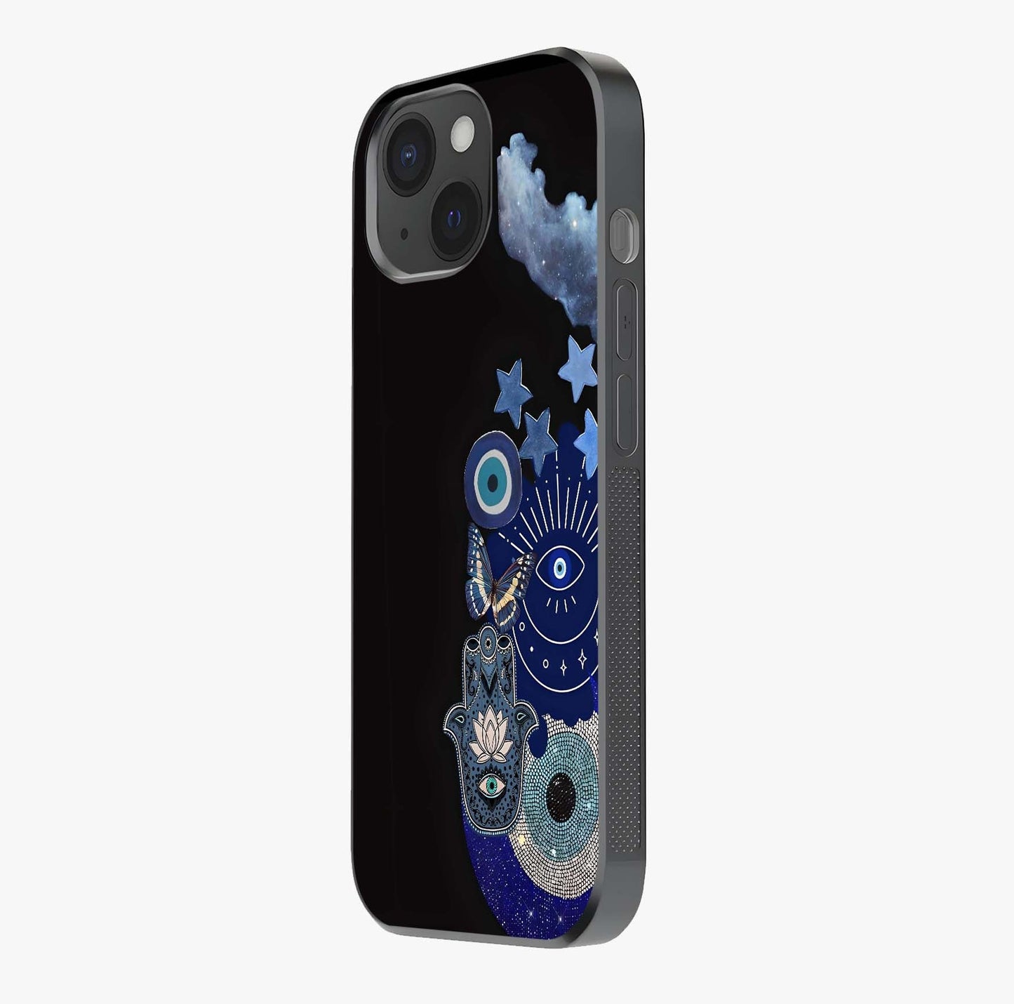Galactic Charm Cluster Glass Case photographed in natural light showing reflective finish and design depth.