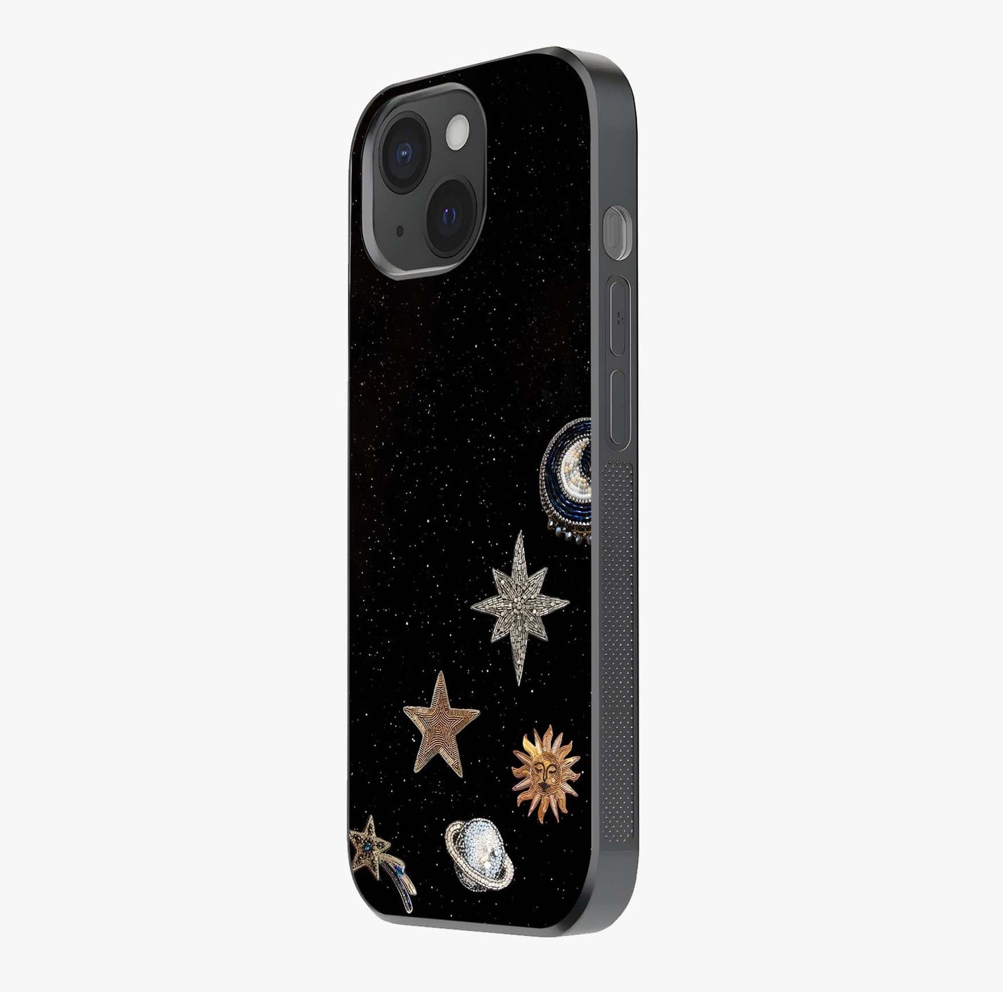 Galactic Charm Glow Glass Case photographed in natural light showing reflective finish and design depth.