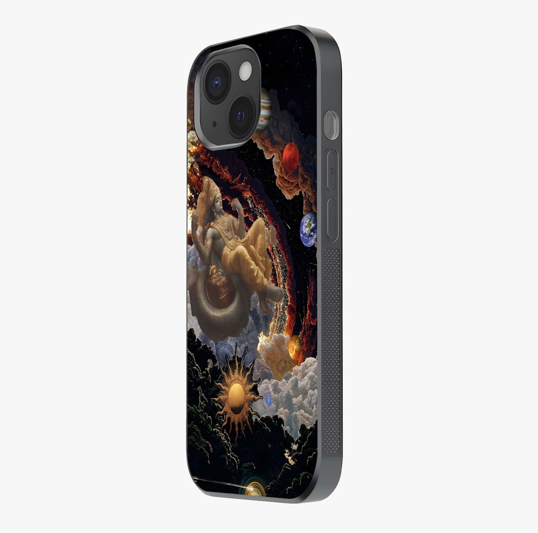 Galactic Divine God Glass Case photographed in natural light showing reflective finish and design depth.