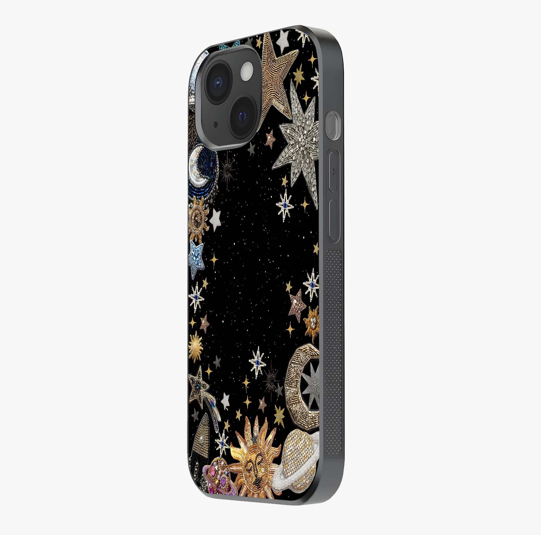 Galactic Jewel Stars Glass Case photographed in natural light showing reflective finish and design depth.
