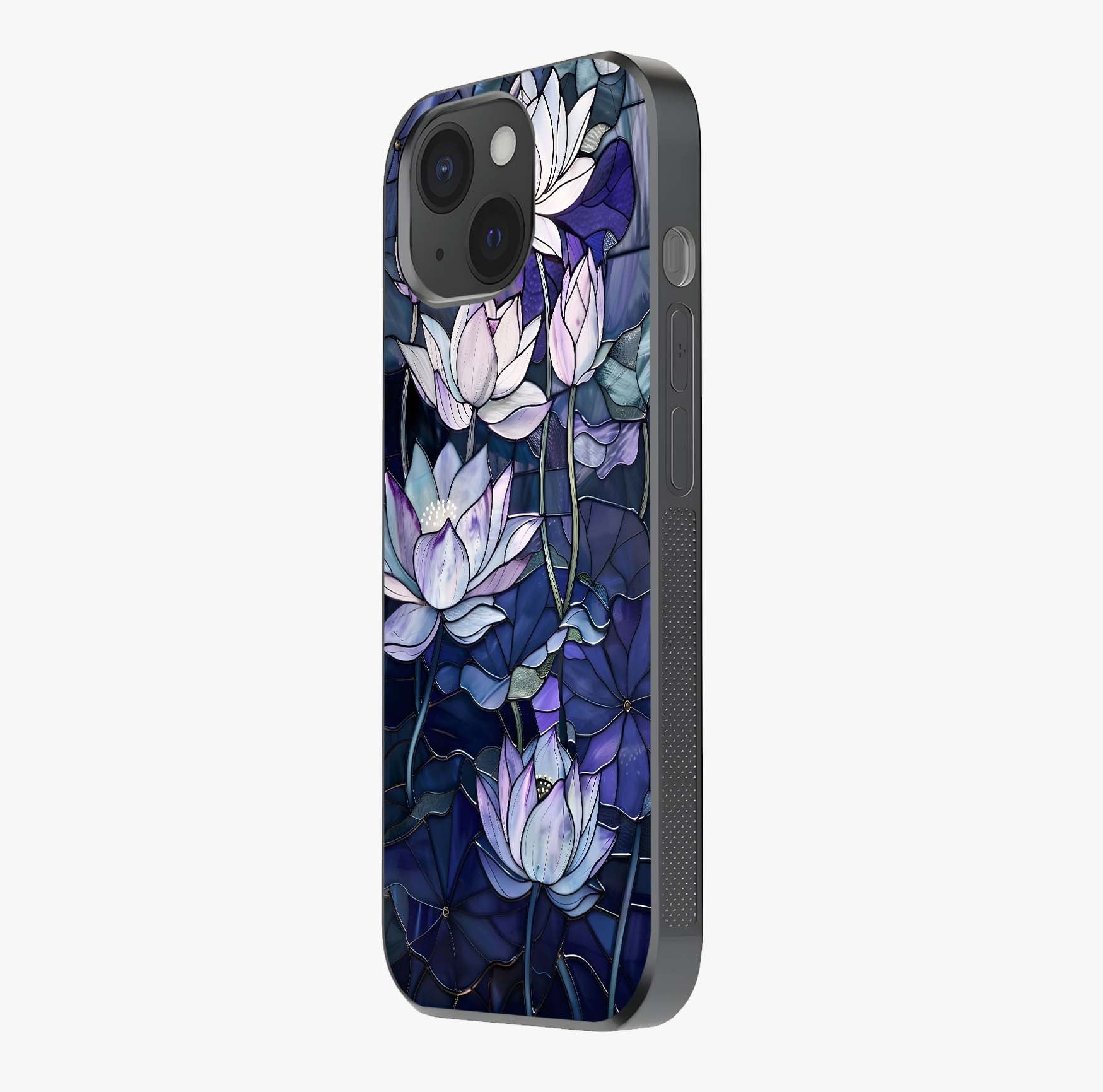 Gloss Petal Rush Glass Case photographed in natural light showing reflective finish and design depth.