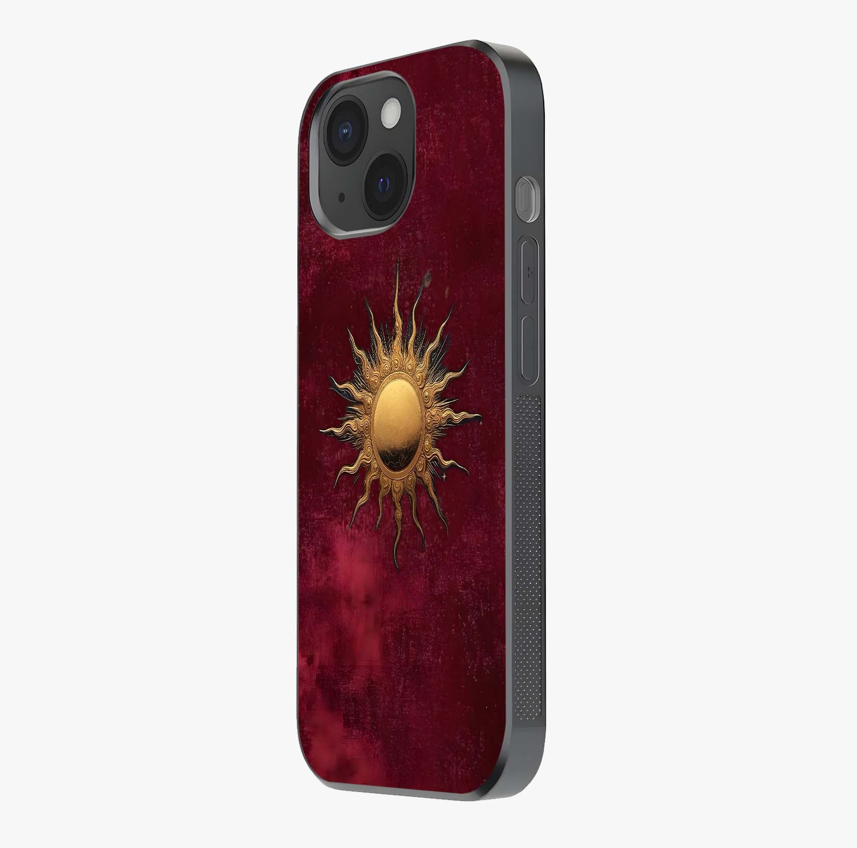 Gold Sun Blush Glass Case photographed in natural light showing reflective finish and design depth.