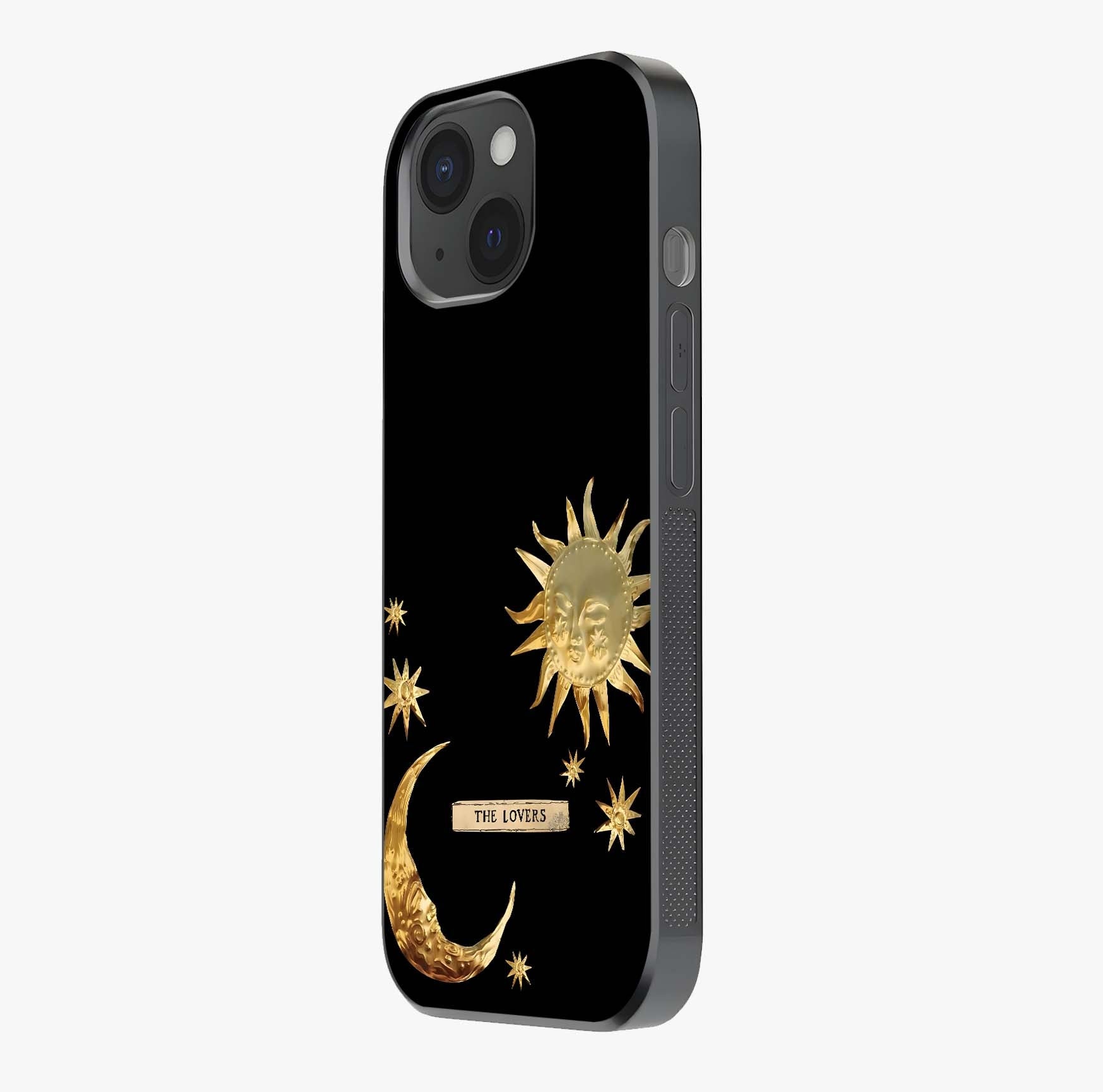 Golden Celestial Charm Glass Case photographed in natural light showing reflective finish and design depth.