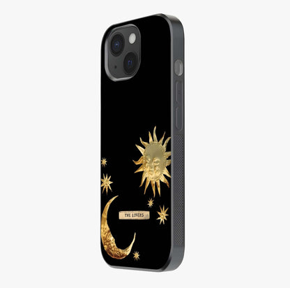 Golden Celestial Charm Glass Case photographed in natural light showing reflective finish and design depth.