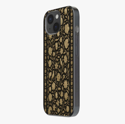 Golden Floral Majesty Glass Case photographed in natural light showing reflective finish and design depth.