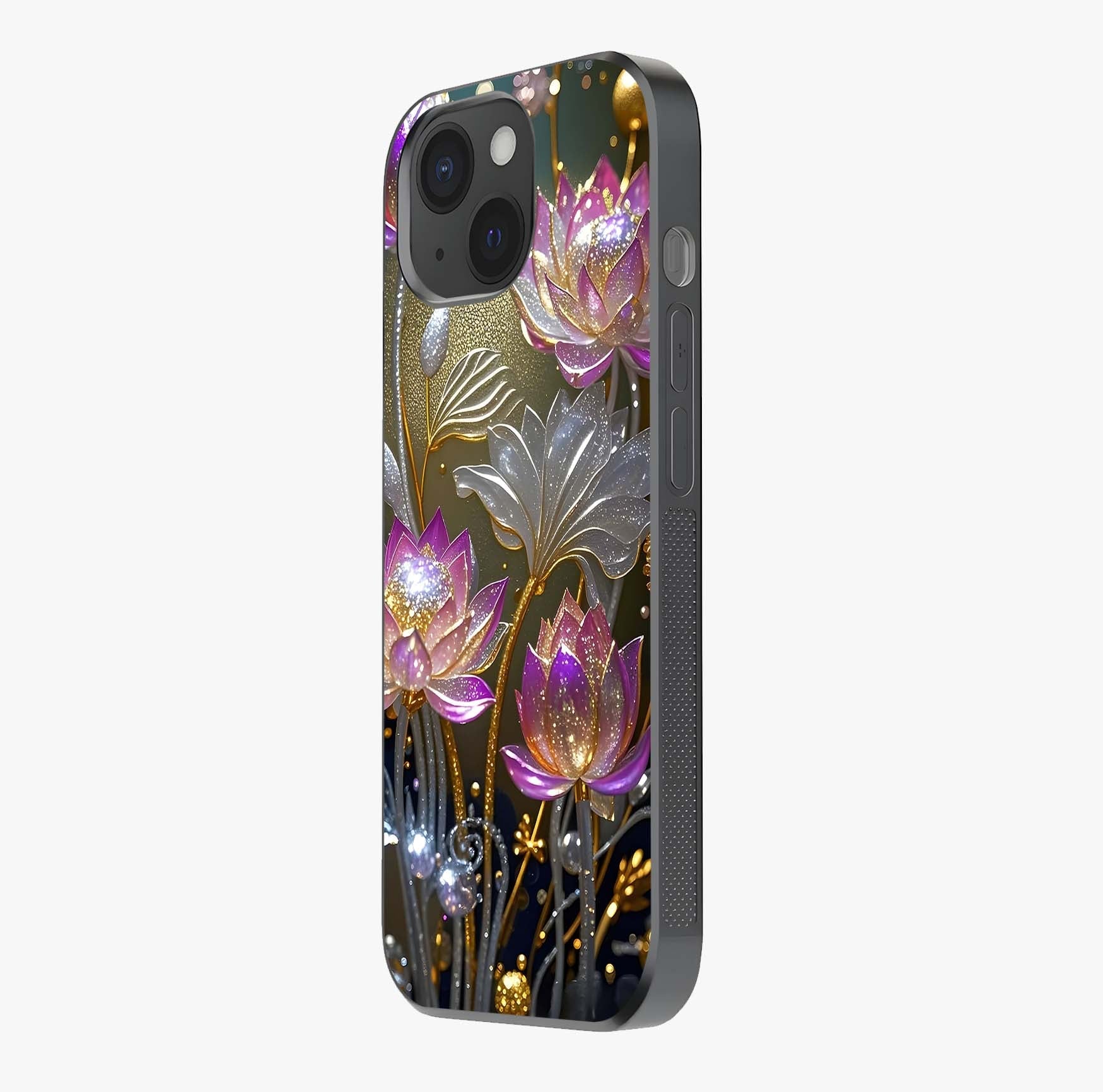 Golden Lotus Glow Glass Case photographed in natural light showing reflective finish and design depth.