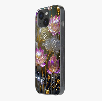Golden Lotus Glow Glass Case photographed in natural light showing reflective finish and design depth.
