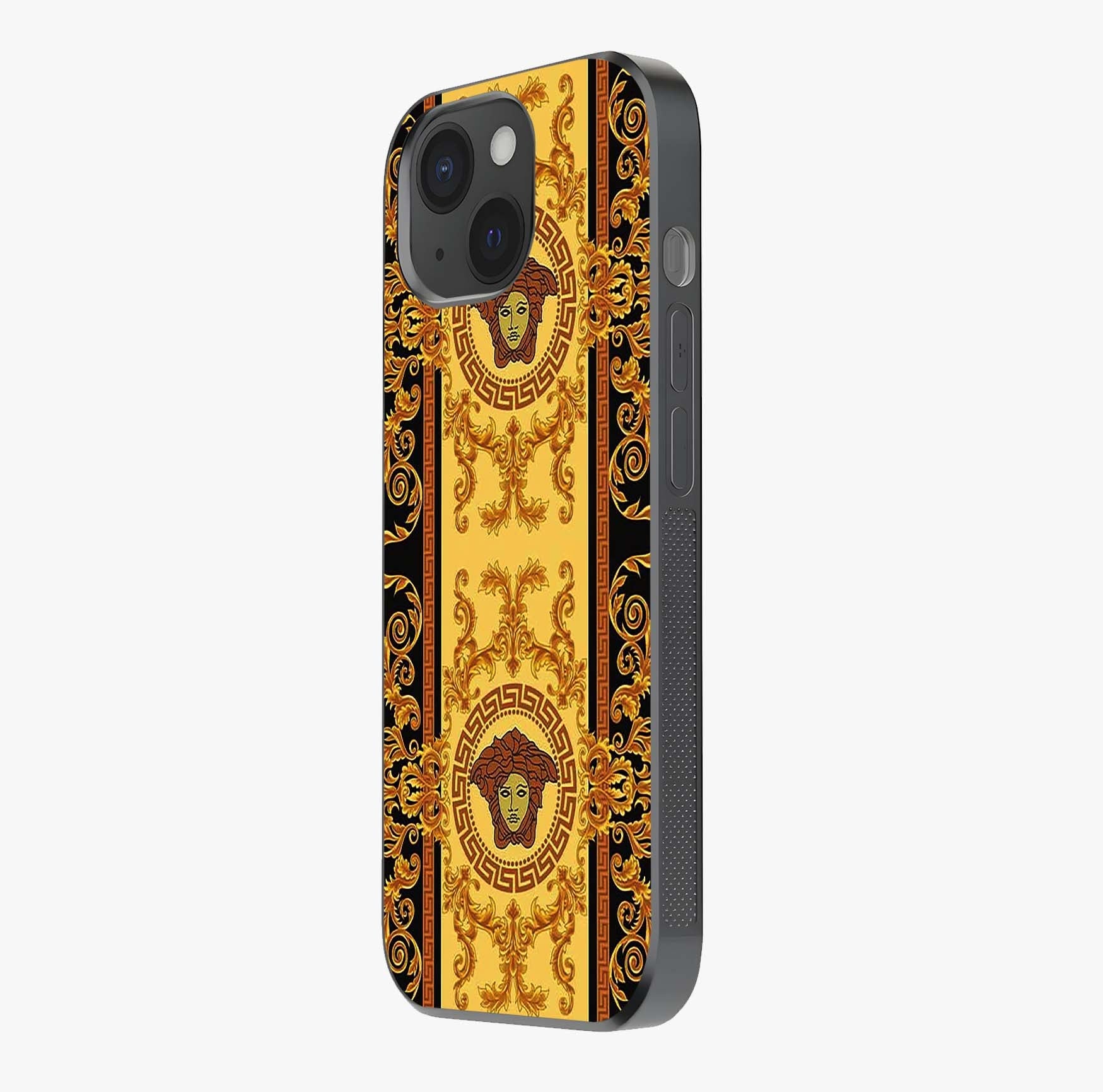 Golden Royal Heritage Glass Case photographed in natural light showing reflective finish and design depth.