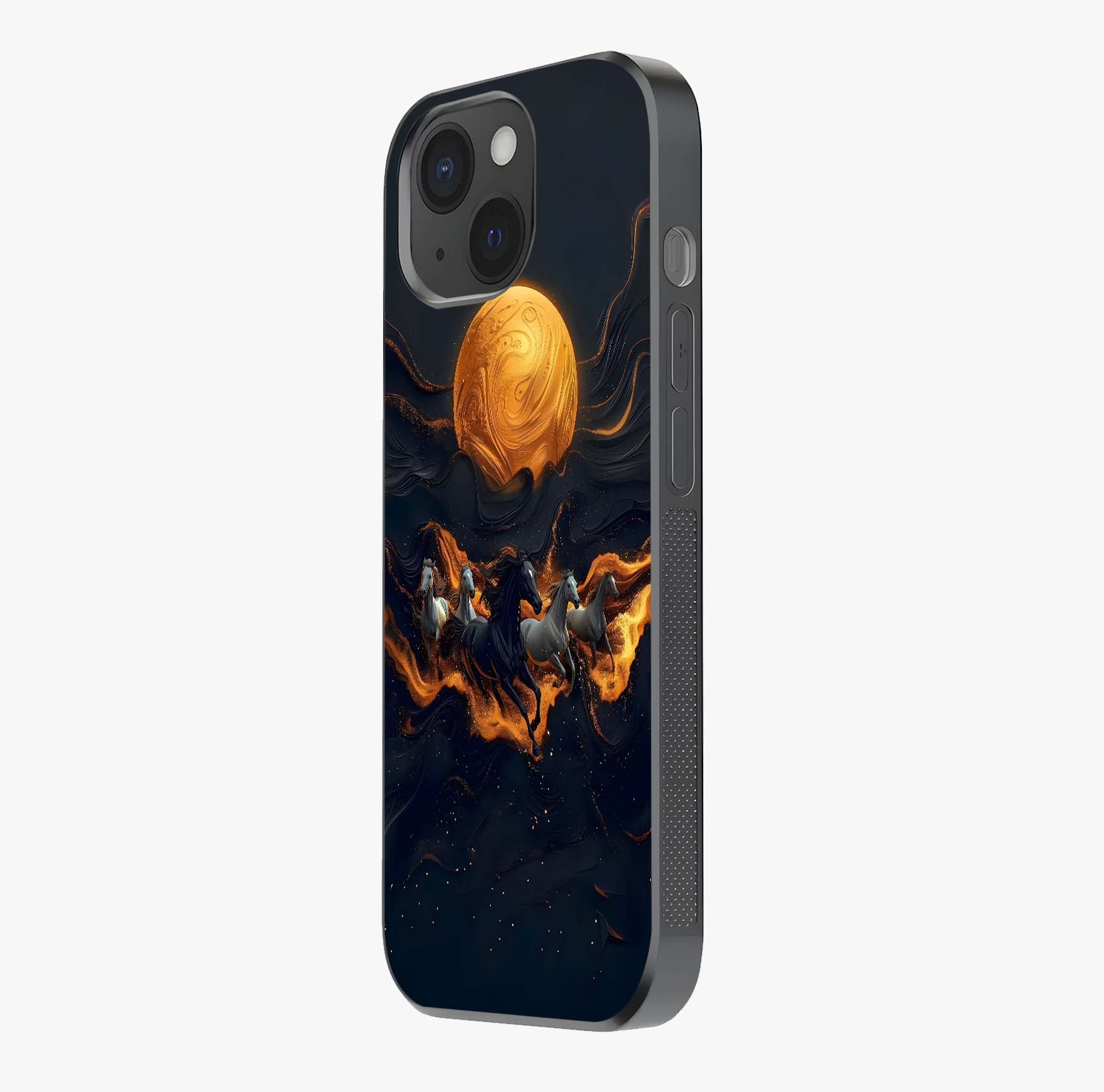 Golden Stallion Moonride Glass Case photographed in natural light showing reflective finish and design depth.