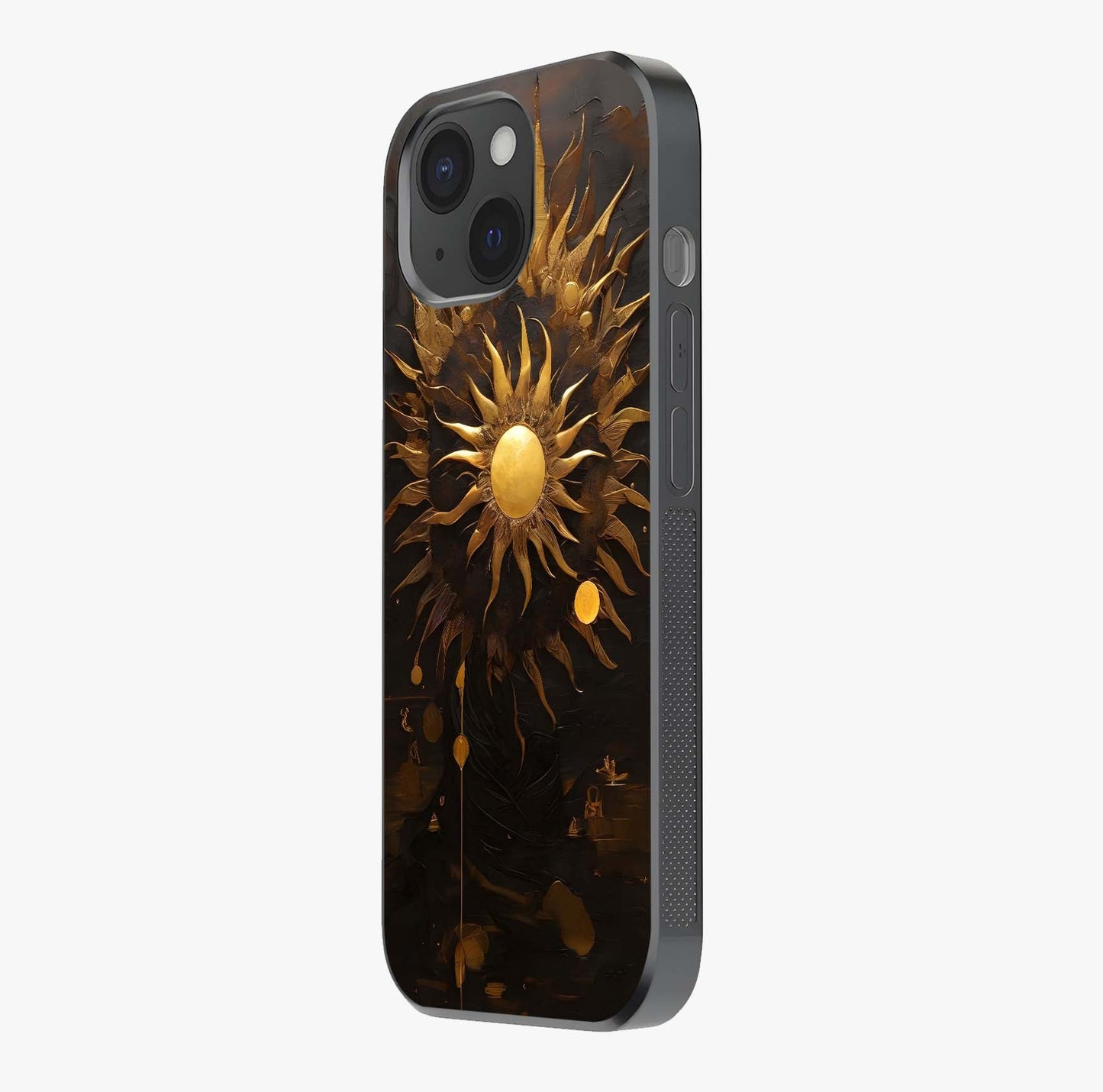 Golden Sun Majesty Glass Case photographed in natural light showing reflective finish and design depth.