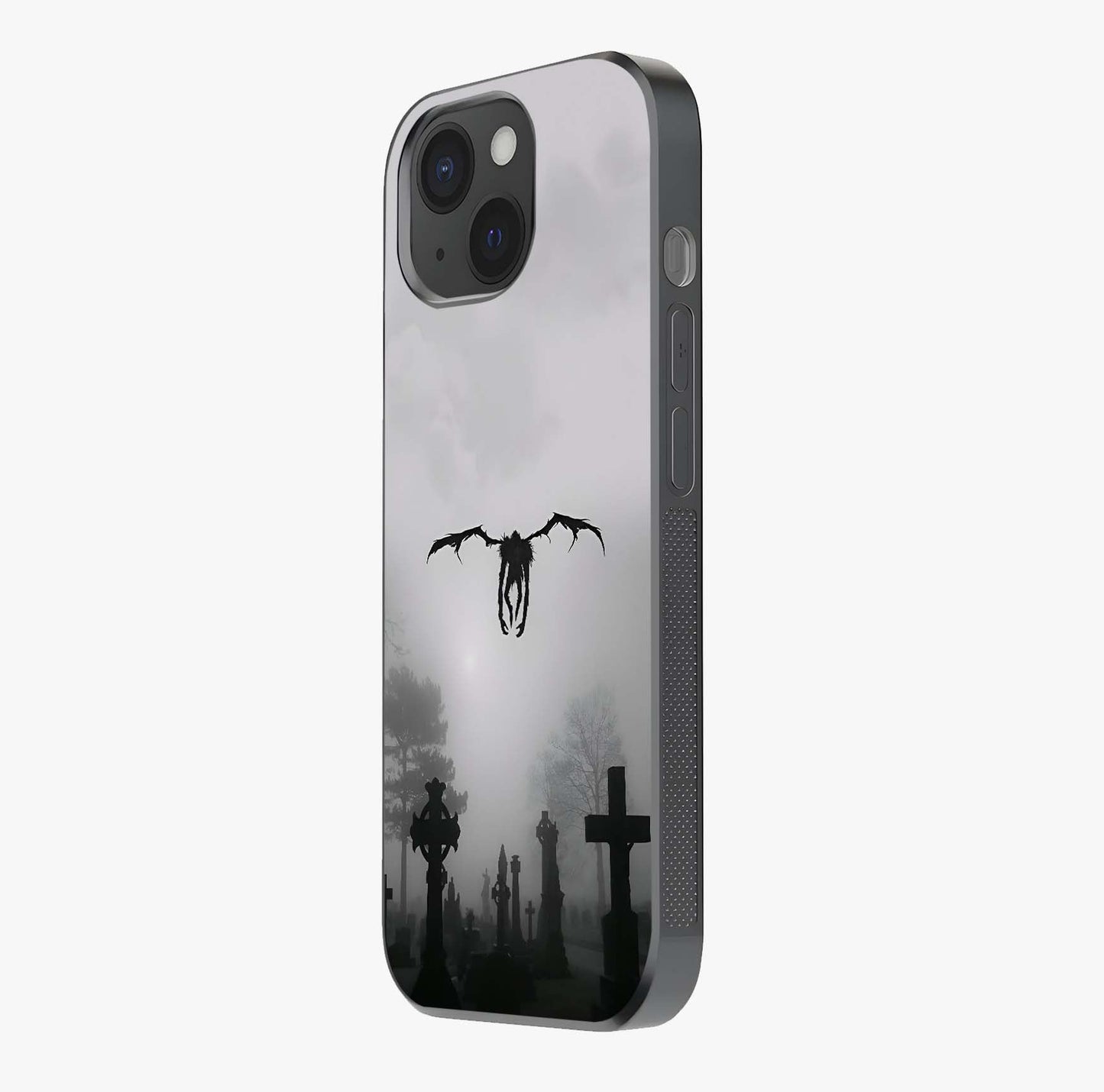 Graveyard Shadow Descent Glass Case photographed in natural light showing reflective finish and design depth.