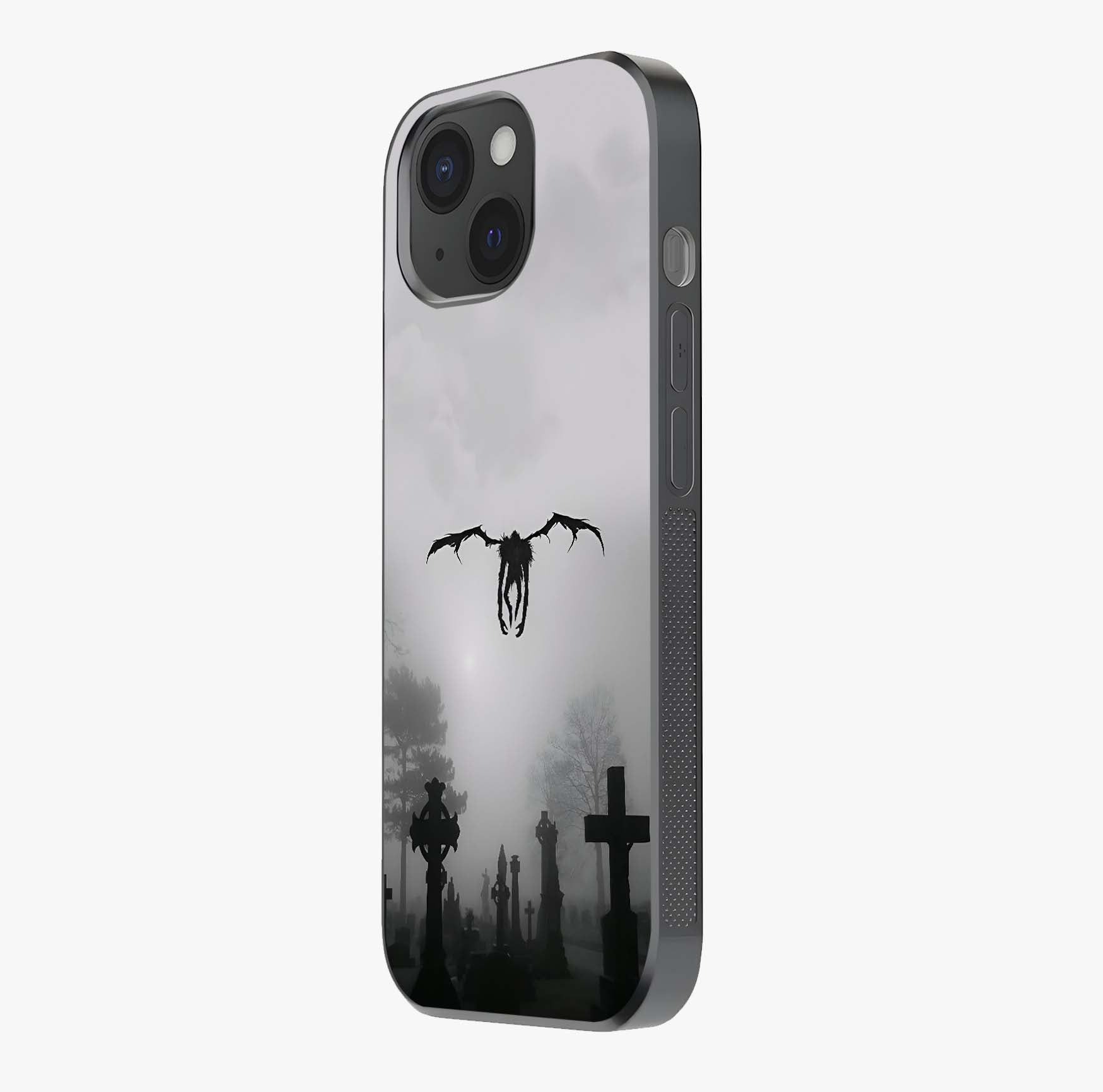 Graveyard Shadow Descent Glass Case photographed in natural light showing reflective finish and design depth.