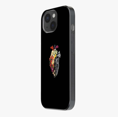 Heart With Flowers Glass Case photographed in natural light showing reflective finish and design depth.