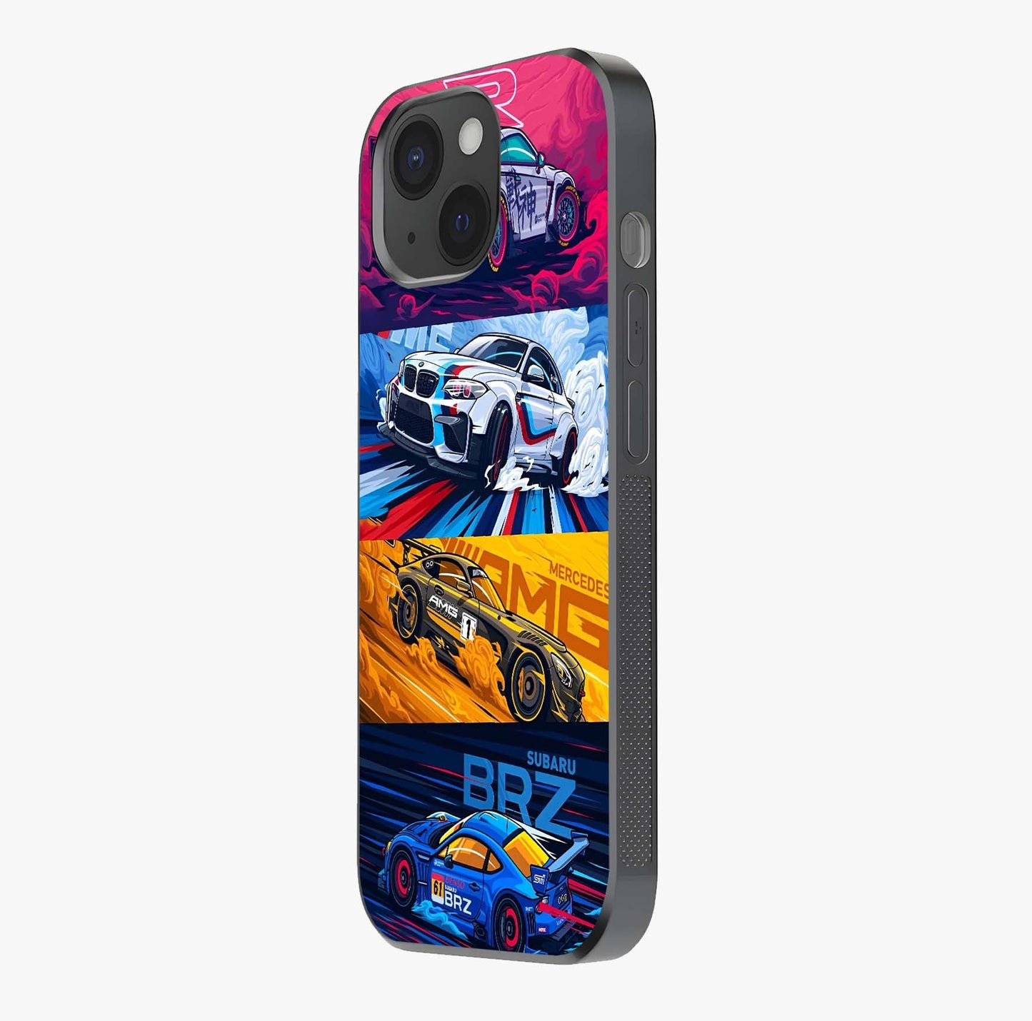 Jdm Sports Car Glass Case photographed in natural light showing reflective finish and design depth.