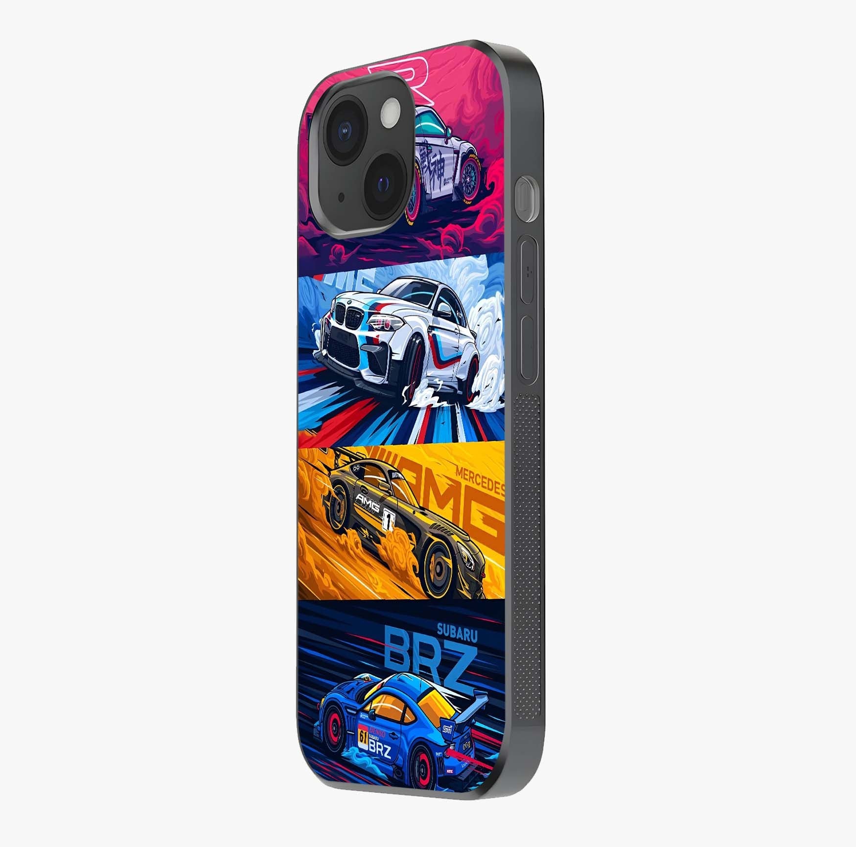 Jdm Sports Car Glass Case photographed in natural light showing reflective finish and design depth.