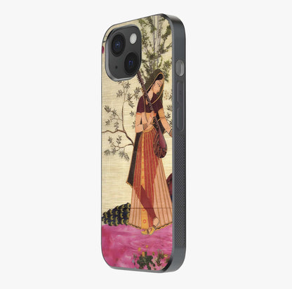 Lady With Veena Art Glass Case photographed in natural light showing reflective finish and design depth.
