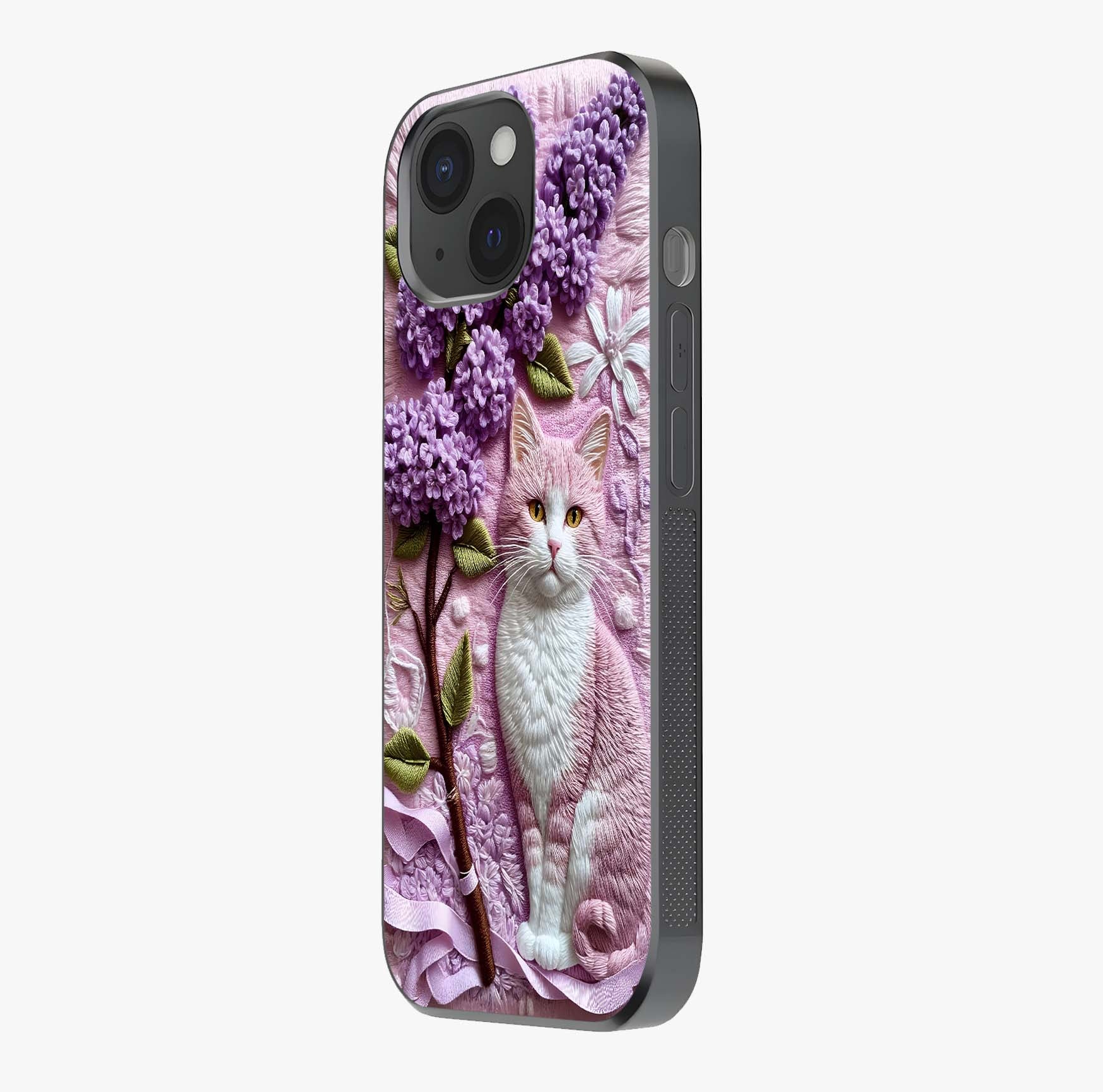 Lavender Cat Whimsy Glass Case photographed in natural light showing reflective finish and design depth.
