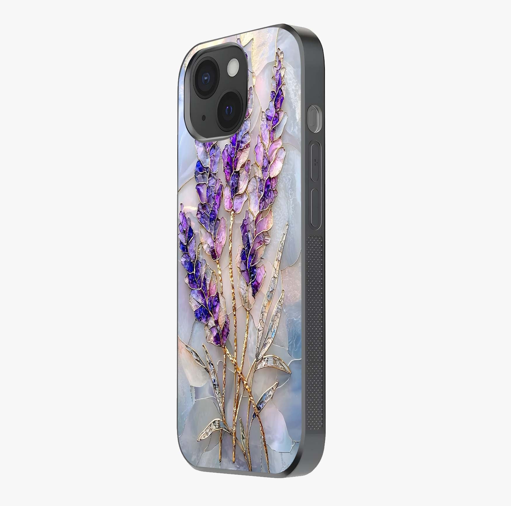 Lavender Dream Glow Glass Case photographed in natural light showing reflective finish and design depth.