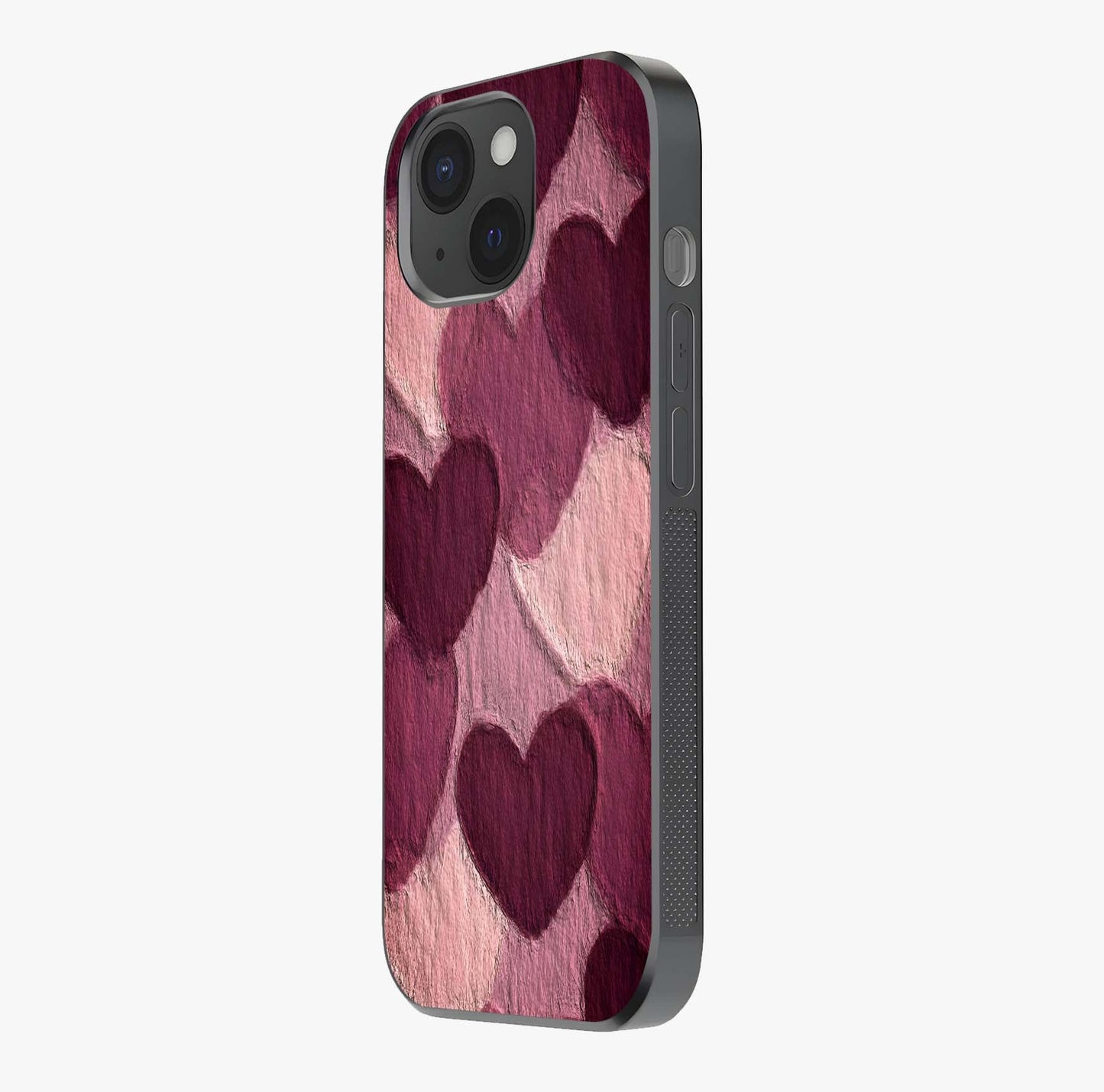 Layered Paper Hearts Glass Case photographed in natural light showing reflective finish and design depth.