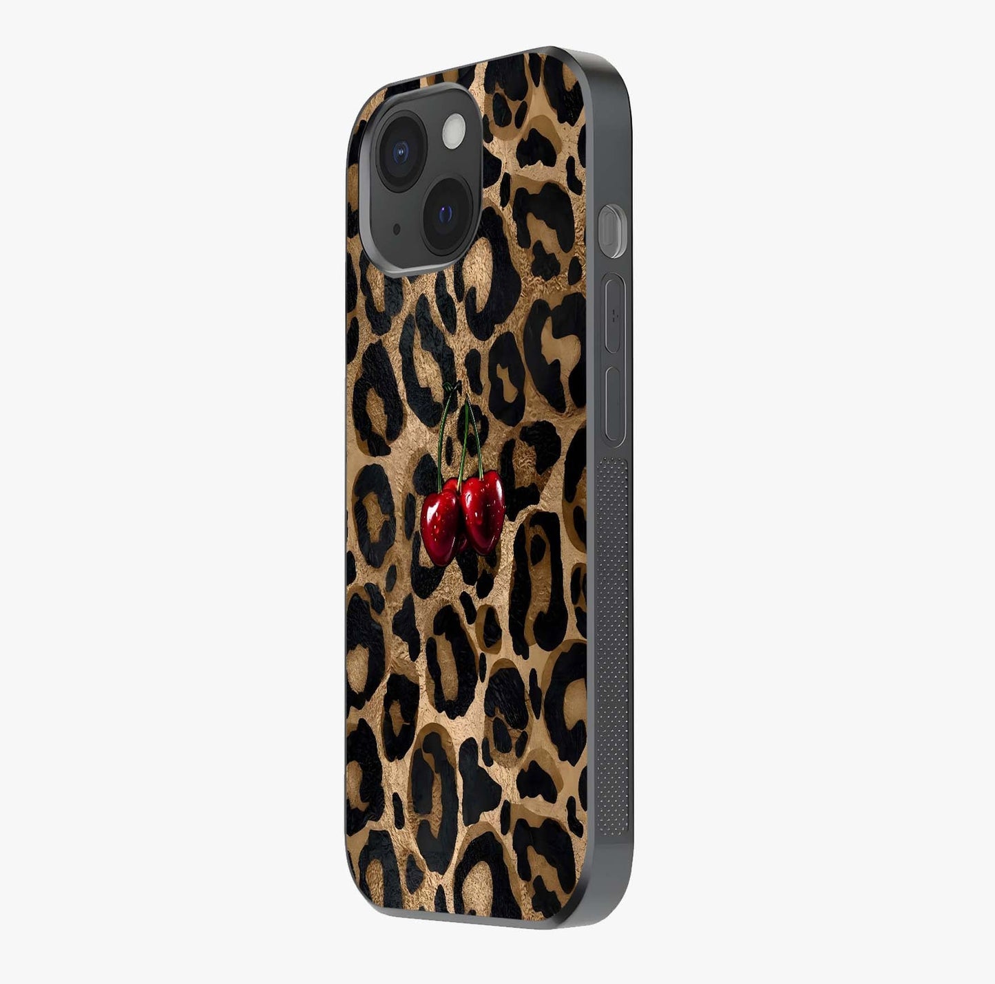 Leopard Wild Cherry Glass Case photographed in natural light showing reflective finish and design depth.